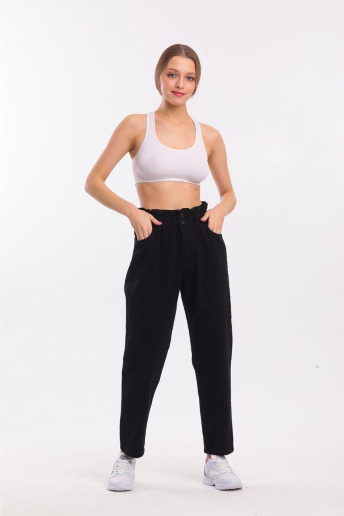 Trendmola Beli Lastikli Siyah Mom Jeans