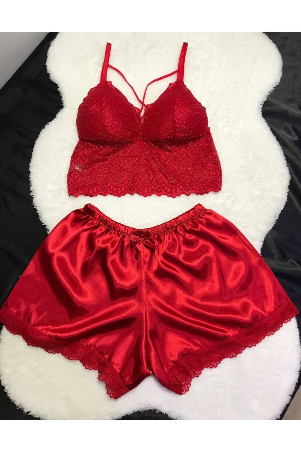 lenastella Kırmızı Saten Şortlu Bralet Takım