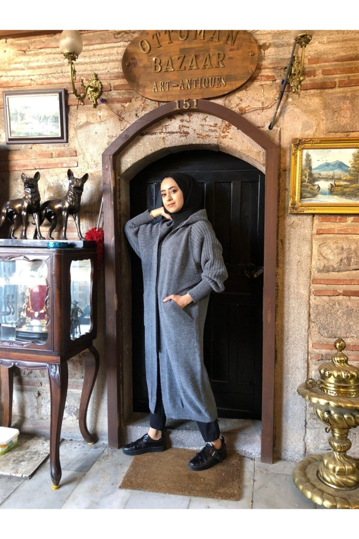 Katre Mızalle Kapüşonlu Antrasit Uzun Hırka