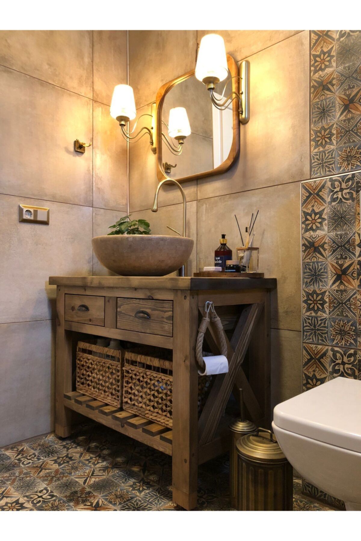 retro atölye Masif Ahşap Dresuar Banyo Dolabı