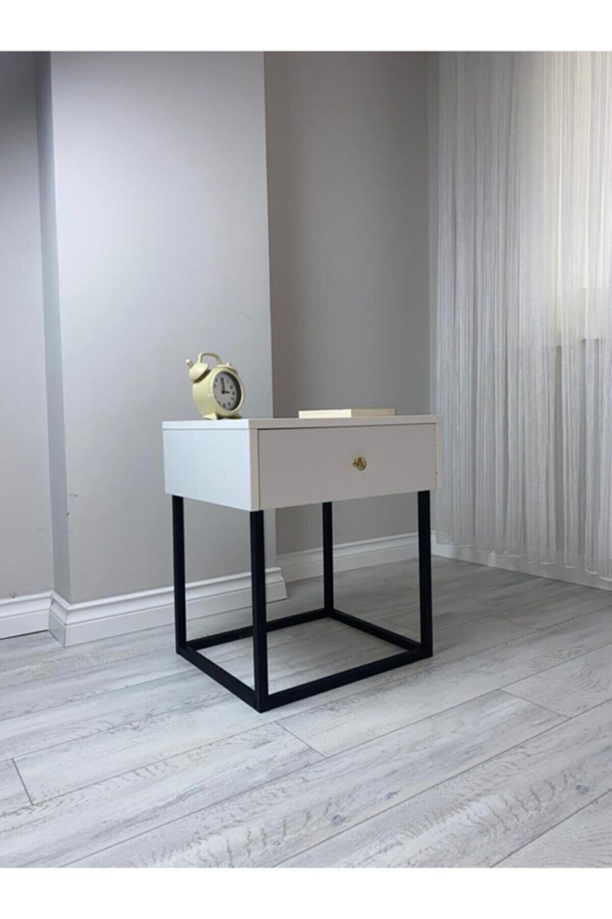YAPRAKOUTLET Modern Yatak Odası Komodin Iskandinav Tarzı Küçük Başucu Metal Ayak Yan Sehpa Çekmeceli