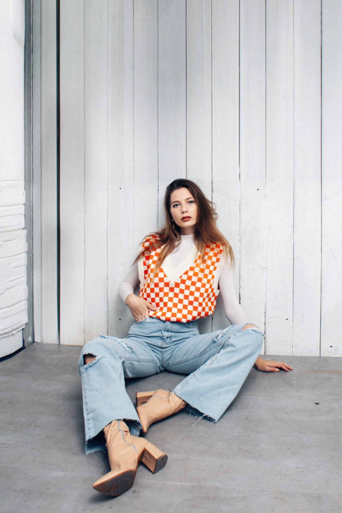 erki triko Kadın Turuncu V Yaka Kareli Süveter