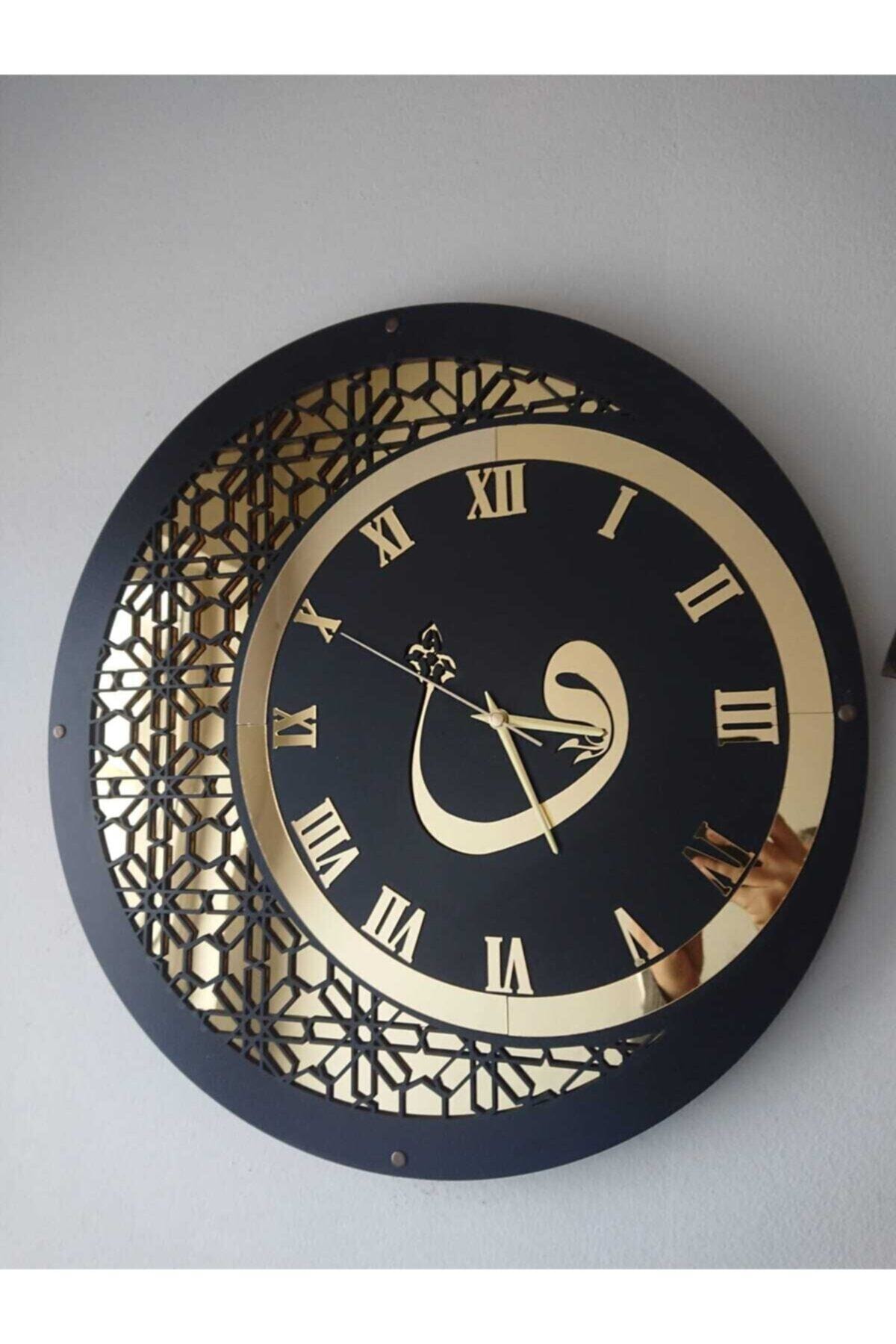 Pey Aksesuar Duvar Saati 50cm Ahşap Ve Ayna Vav Motifli