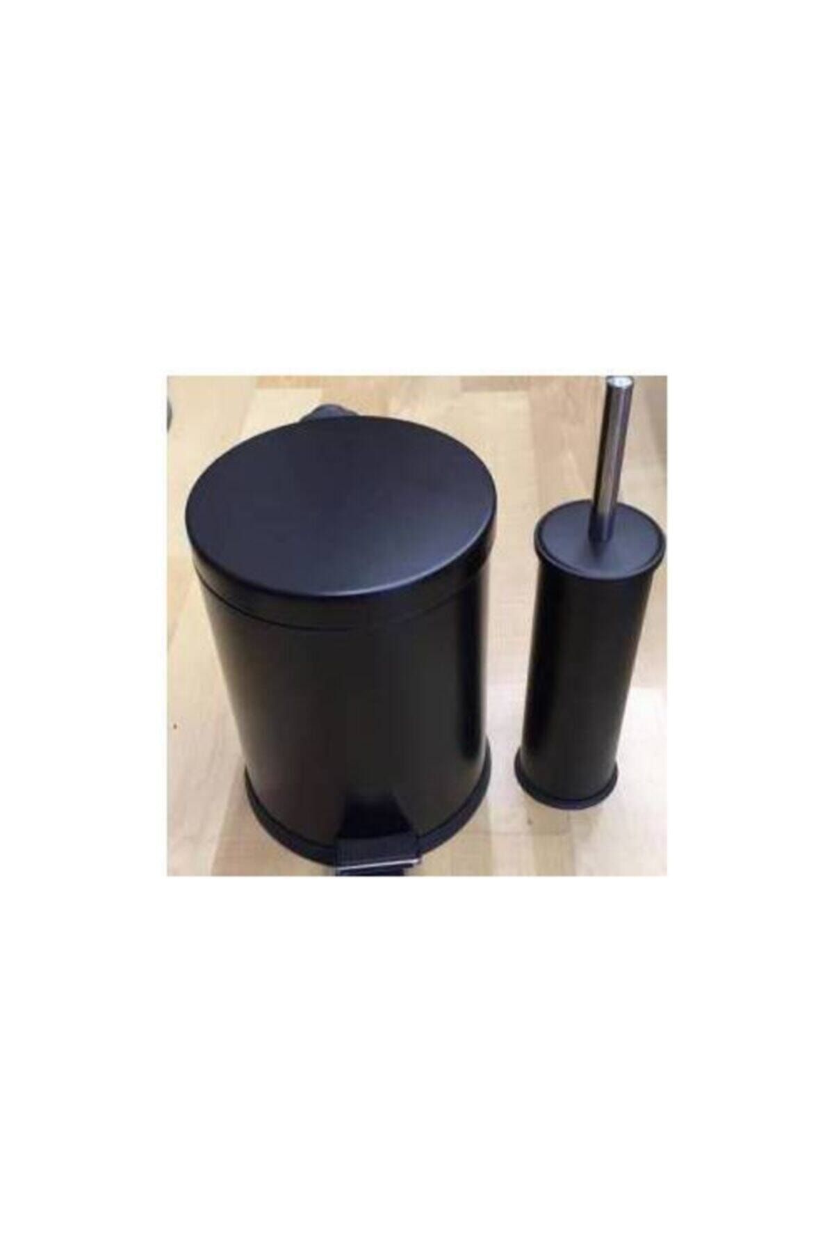 BBA HOME Siyah Çelik Metal 3 Litre Pedallı Çöp Kovası Ve Wc Fırçası Seti Banyo Seti
