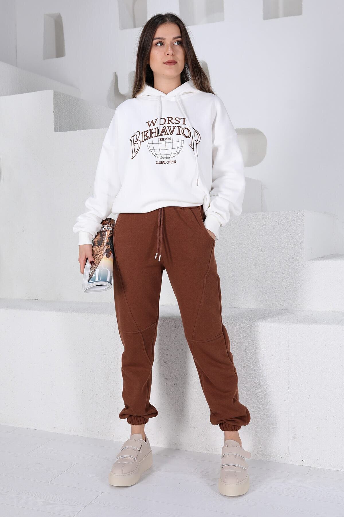 Cappmoda Tkm-03213 Taba Worst Nakışlı Kapüşonlu Jogger Ikili Takım