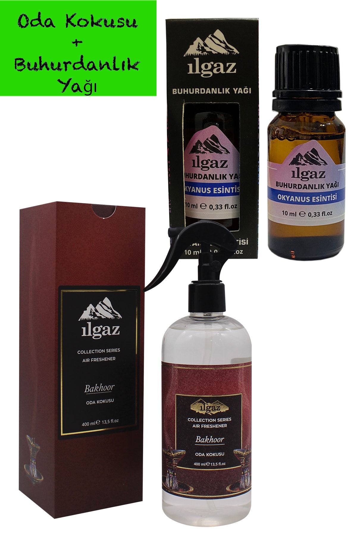 ILGAZ Gül Bakhoor Oda Kokusu 400 ml Oda Spreyi ve 10 ml Okyanus Esintisi Buhurdanlık Yağı Kokusu