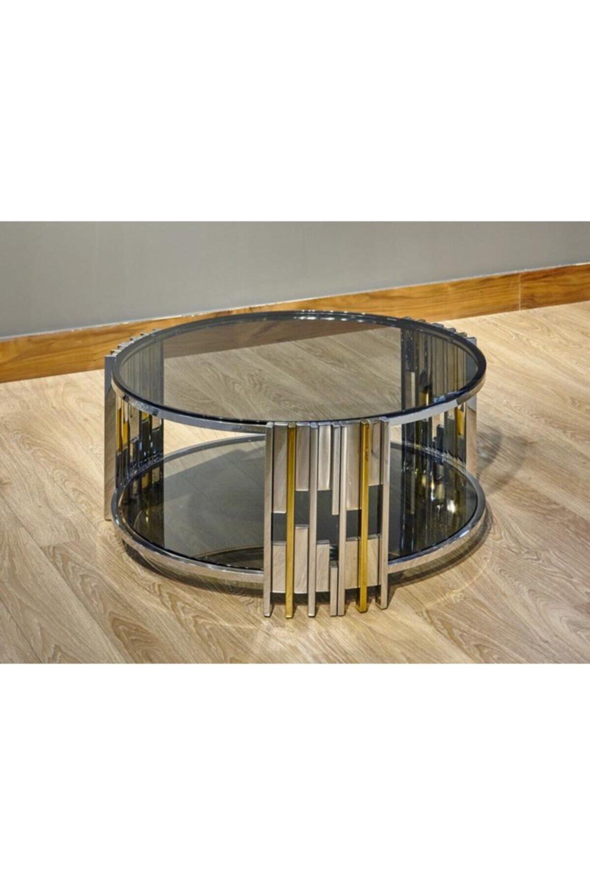 LAMEDORE Mira Kahve Masası Silver Gold Çift Camlı 90*43 Cm