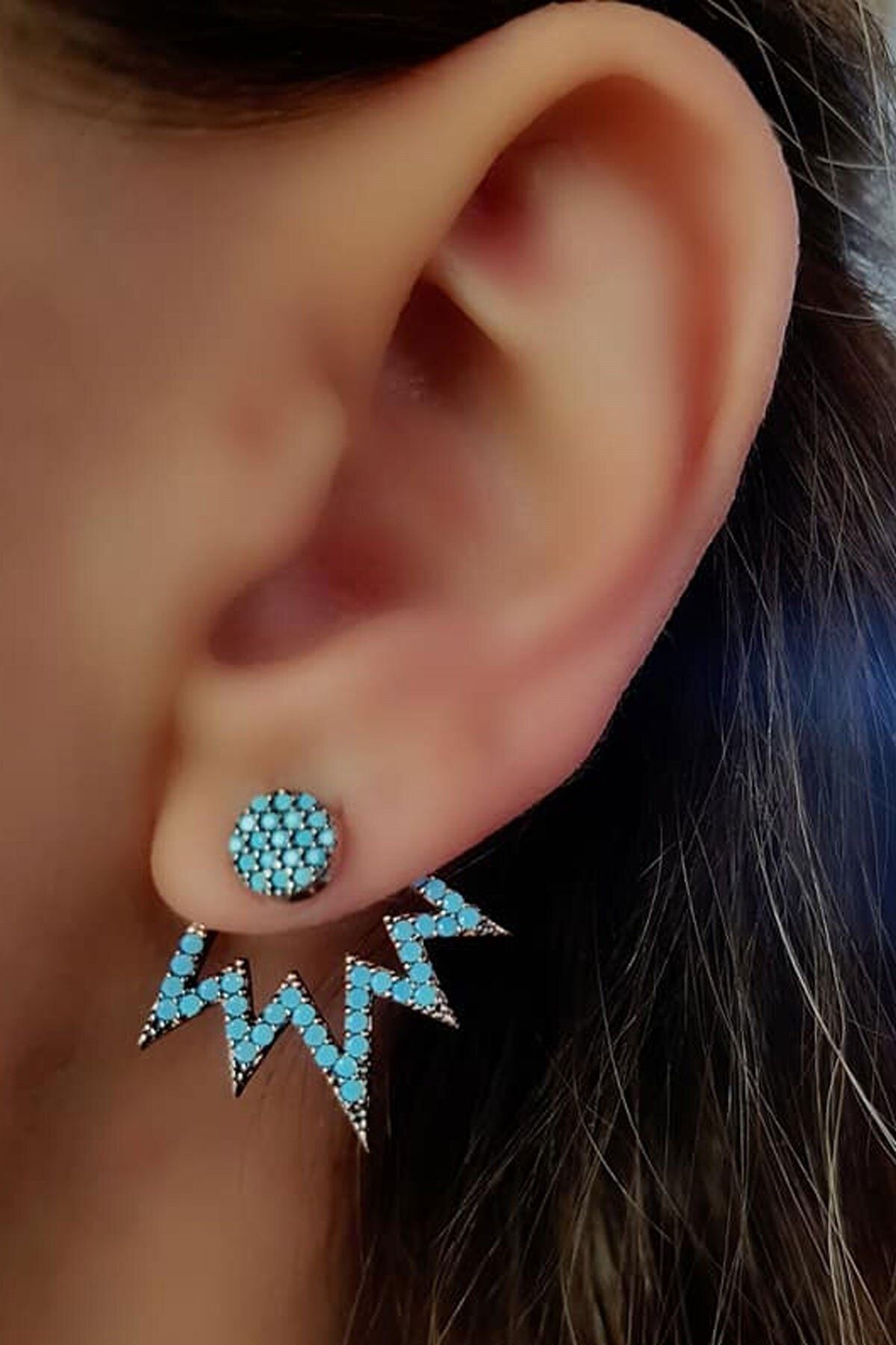 OSESHOP Mavi Nano Turkuaz Taşlı Gümüş Üzerine Rose Altın Kaplamalı Ear Cuff Küpe