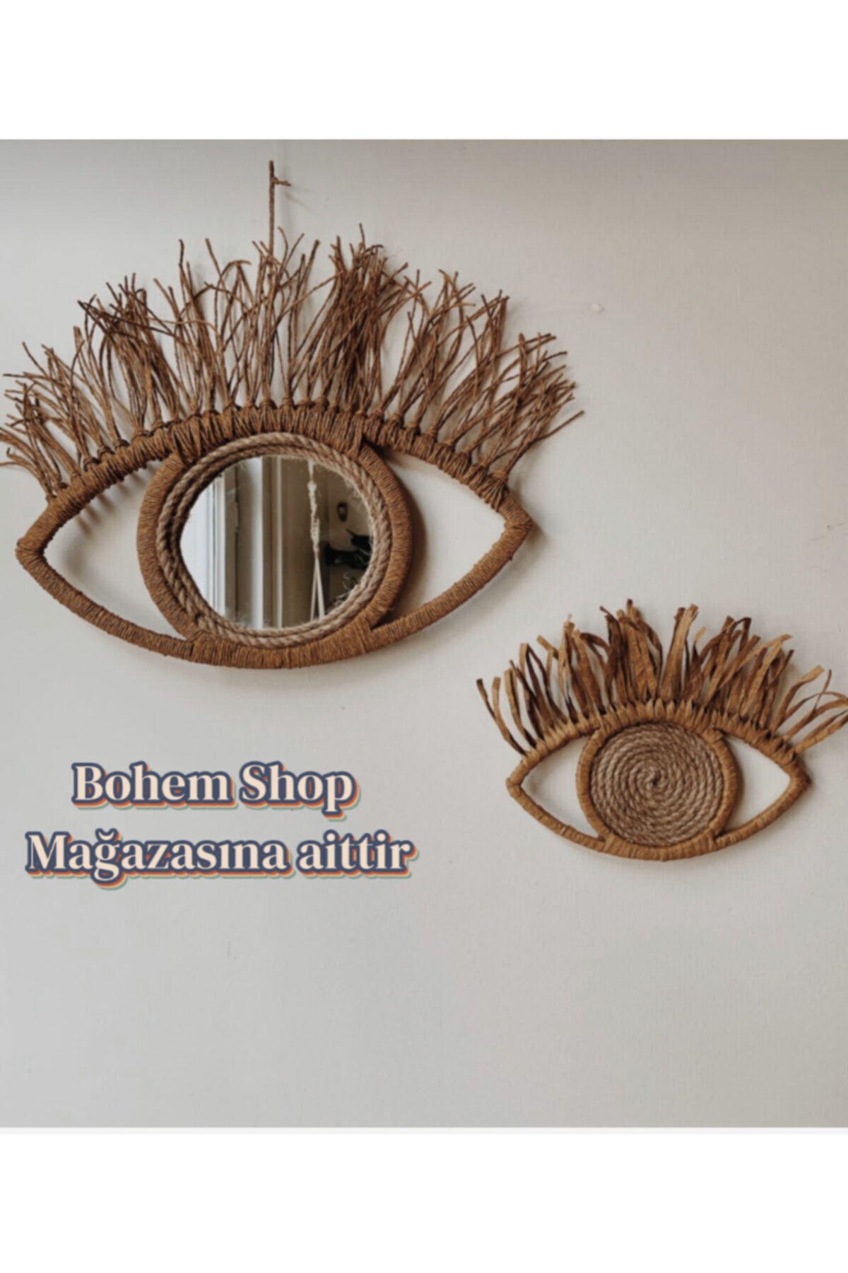 Bohem Shop El Yapımı Göz Temalı Dekoratif Ayna Rafya Duvar Dekoru Süsü Seti-bohemshop.com
