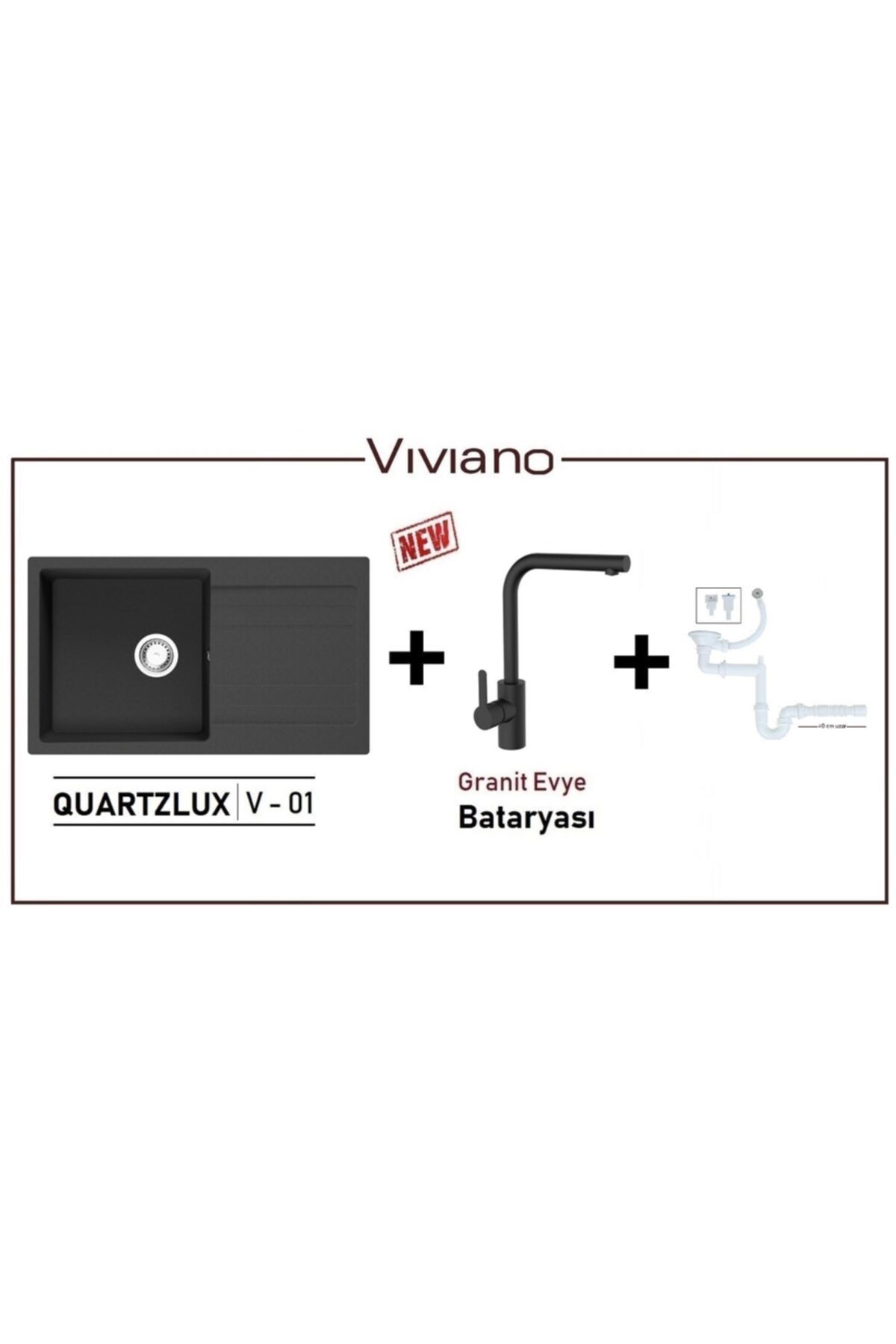 Vıvıano 1 Göz Xl Küvet 50x86 Cm Siyah Granit Evye Granit Batarya Sifon ( Bağlantı Hortumları )