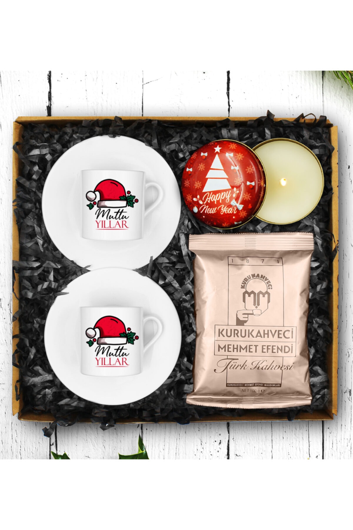 Apollon Gift Yılbaşına Özel Tasarım Porselen Fincan & Yılbaşı Mumu & Türk Kahvesi
