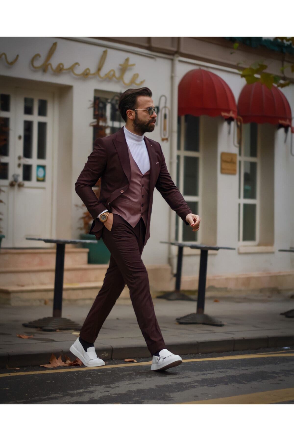 mustafakemalkurtstore Slim Fit Bordo Yelekli Takım Elbise