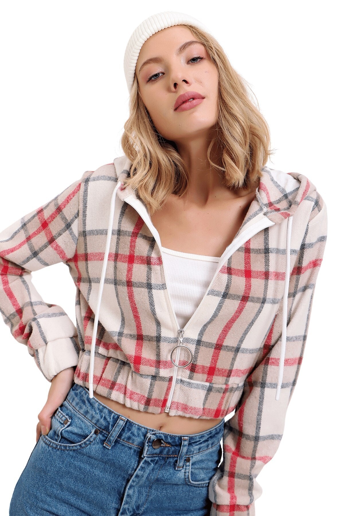 butikburuç Kadın Bej Ekose Kapşonlu Gömlek