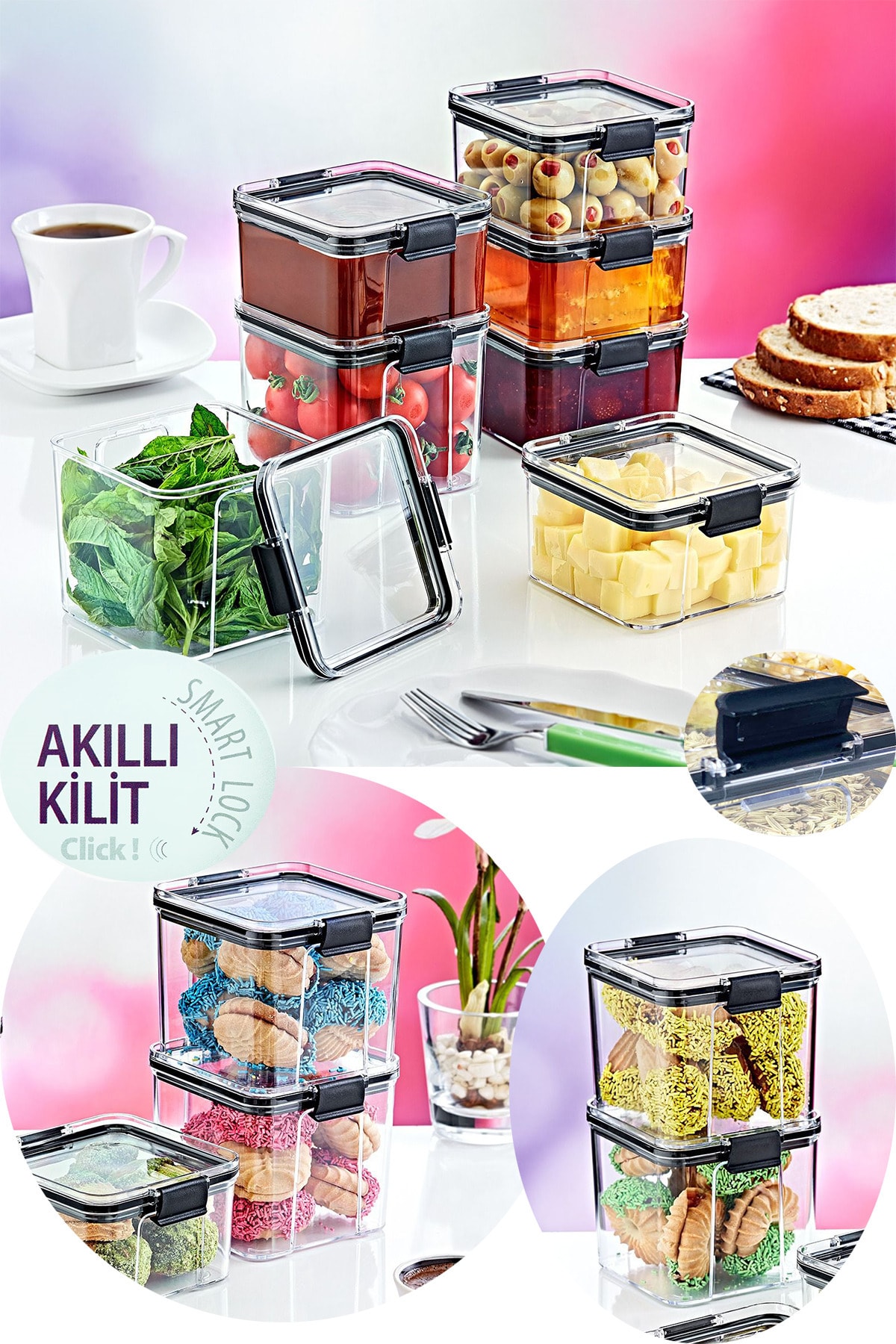 intekhome 7'li Kahvaltılık Saklama Kabı Sızdırmaz Kilit Sistemi (3x700ml) (4x460ml)
