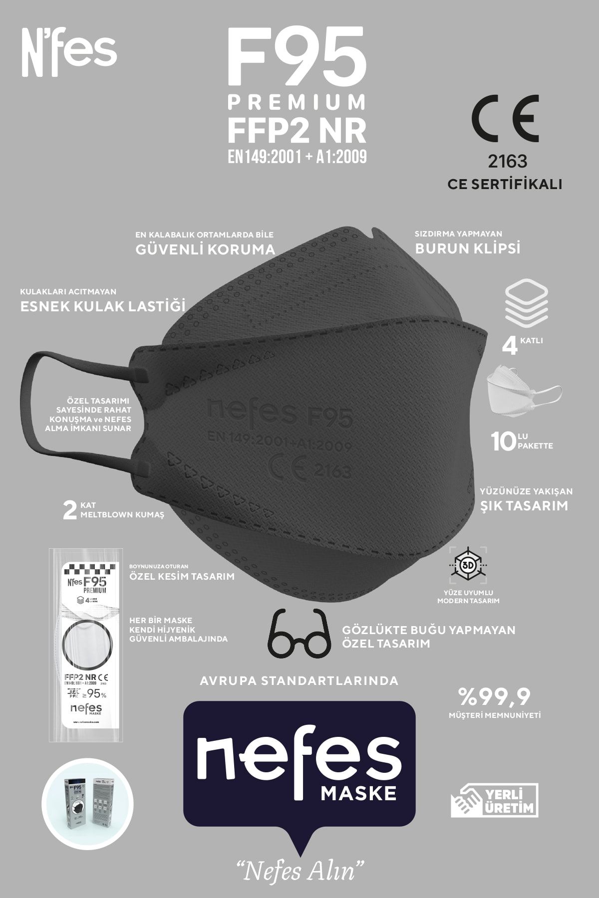 N'fes F95 Premium Kore Tipi Gri N95(kf94) Maske 1 Kutu 10 Adet