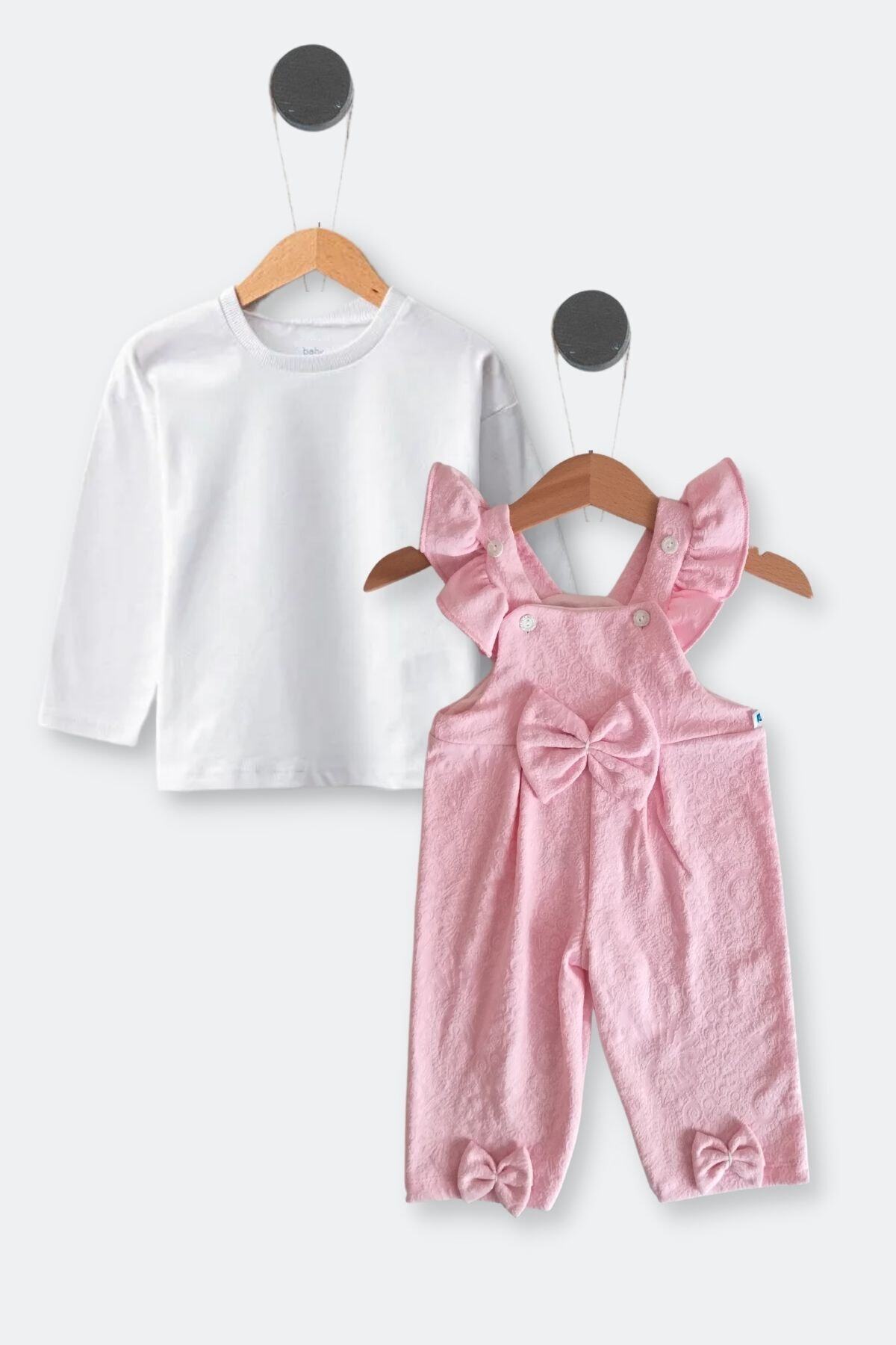 Minytrendy Kız Bebek Ayarlanabilir Askılı Kurdele Detaylı Uzun Kol Badili Tulum 6-18 Ay-pembe-