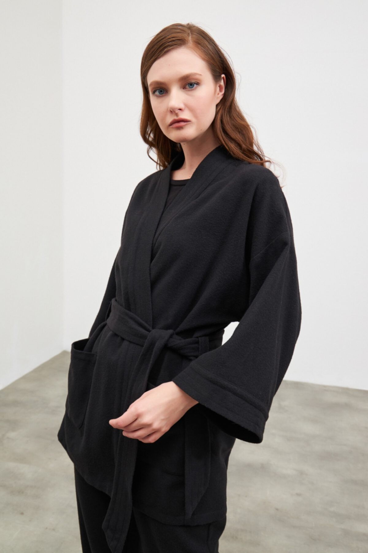 Gusto Beli Kemerli Kimono - Siyah