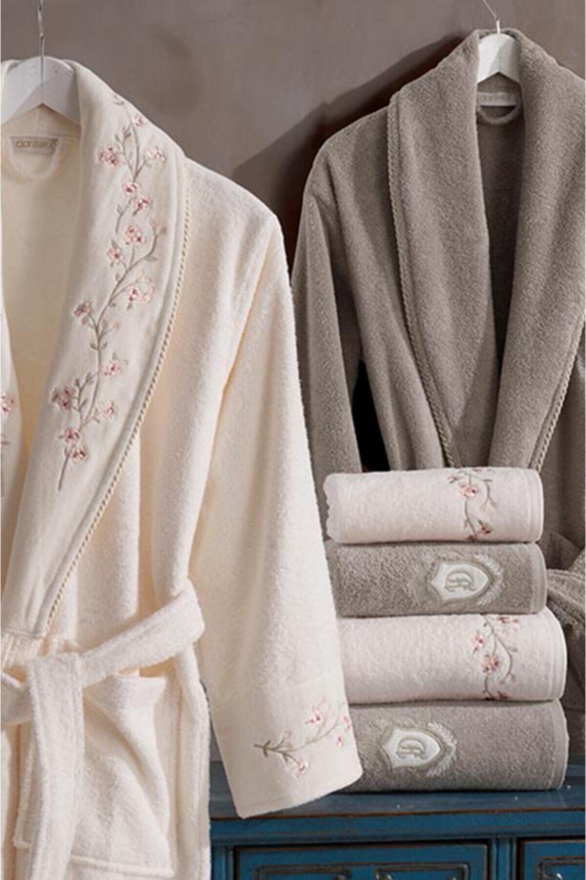 Dantela Kadife Pamuk Bornoz Seti 6 Parça Sarmaşık Krem - Bej