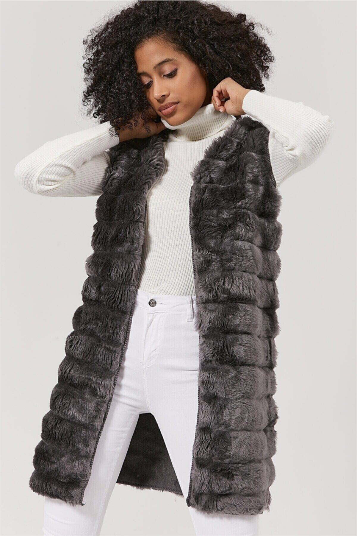 Cotton Mood 9424851 Kürk Enine Çizgi Desenli Kolsuz Uzun Yelek Antrasıt
