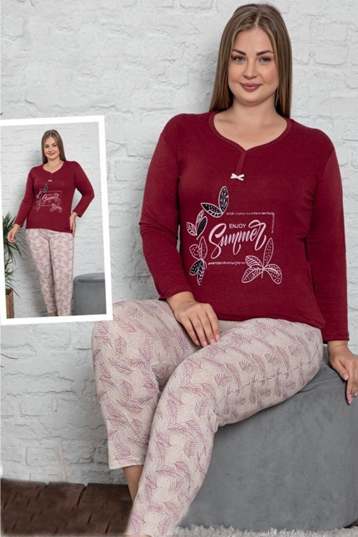 Sersu Büyük Beden Kadın Pijama Takımı %100 Pamuklu
