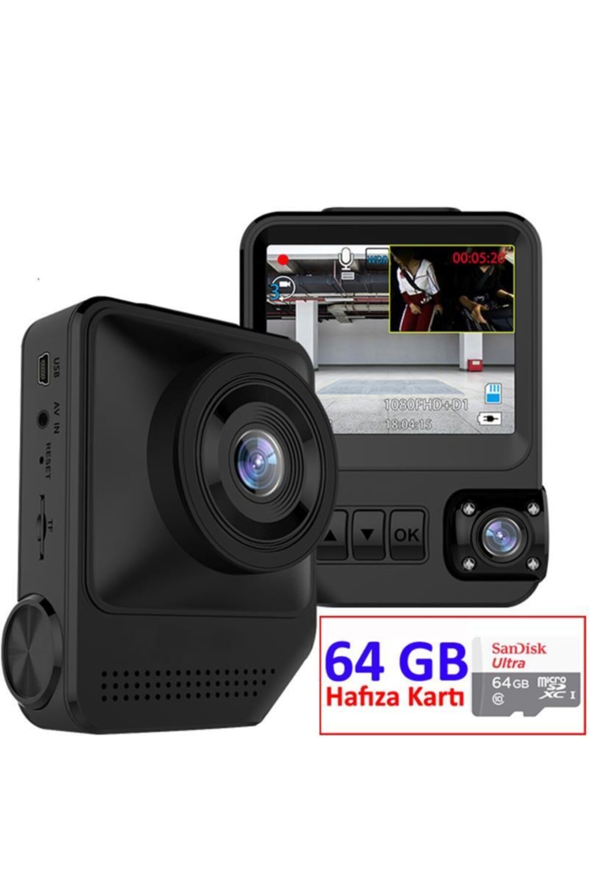 Novatek Nt231d+64gb Hafıza Kartı Full Hd Çift Yön Araç Kamerası