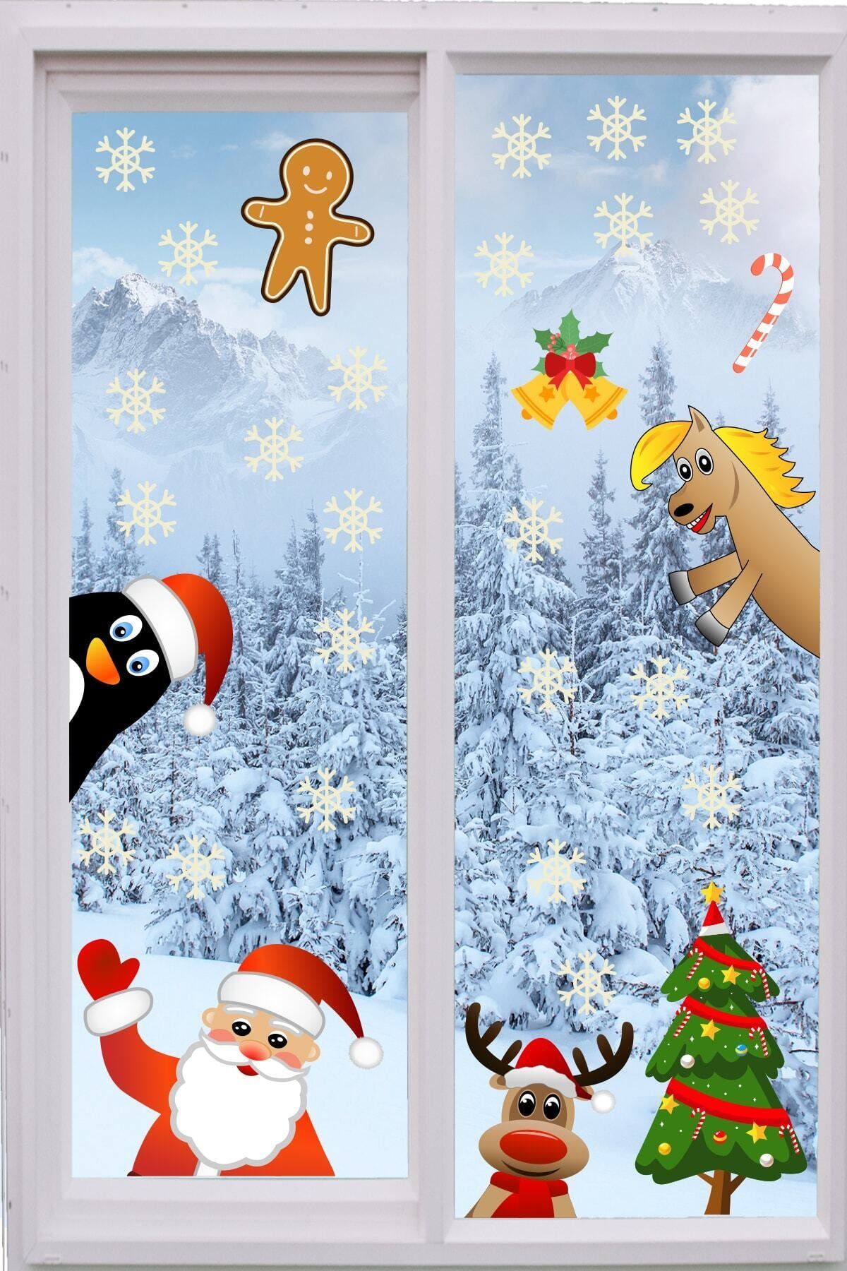 AMORİS Yılbaşı Sticker Figürleri Noel Baba Ve Geyik Ve Kartanesi Pencere Duvar