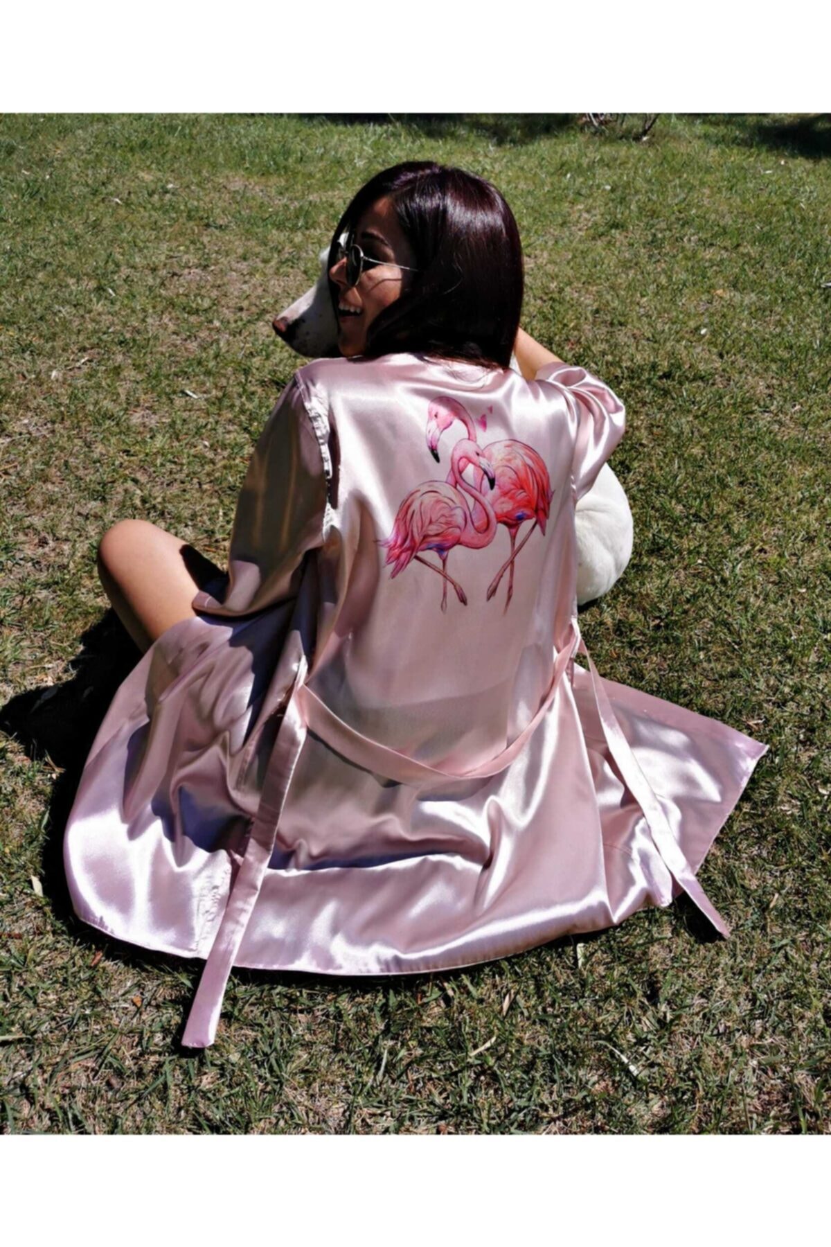 Lasilla Pudra Flamingo Desenli Saten Sabahlık