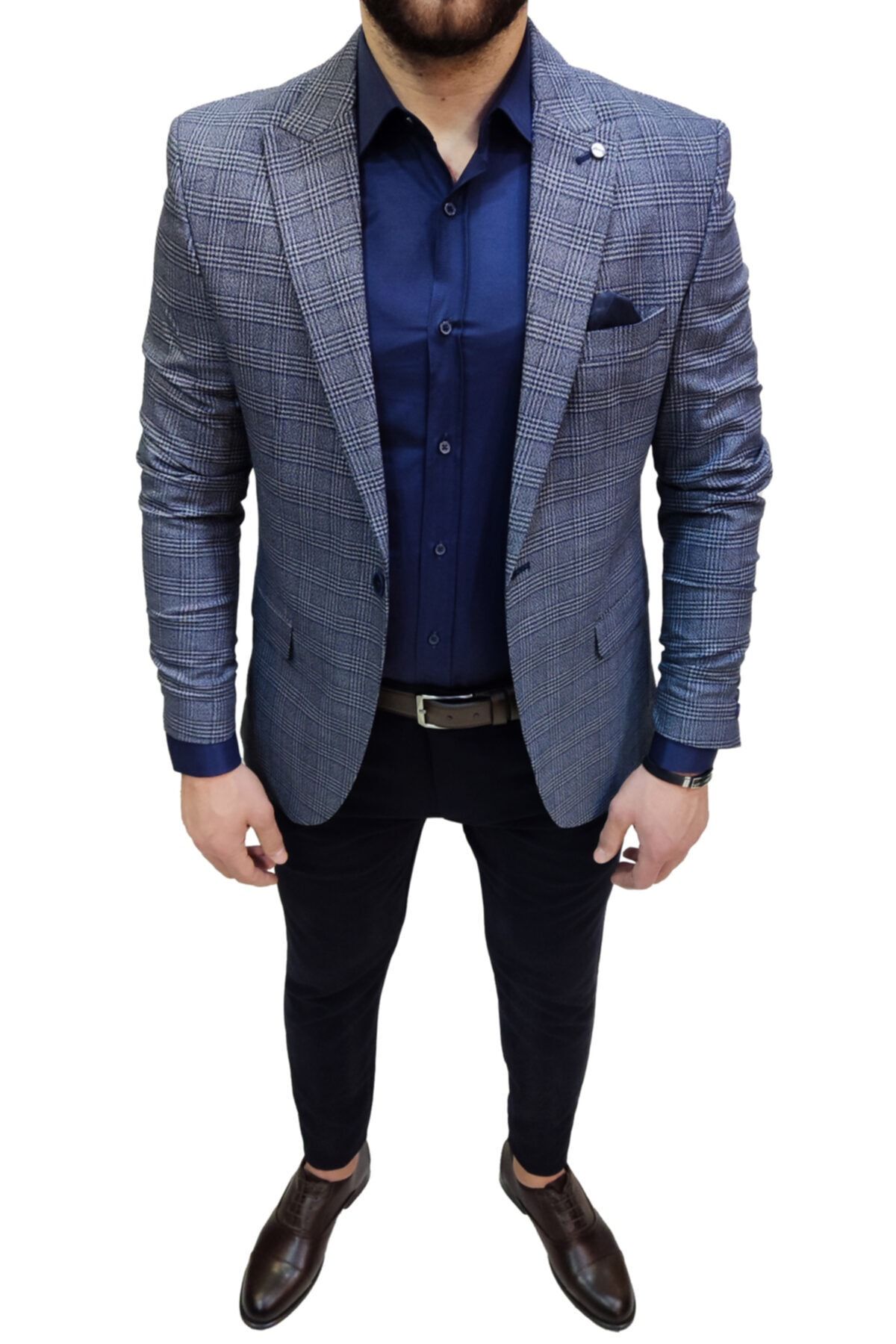 eximius Lacivert Kareli Dar Kesim Erkek Blazer Tek Ceket