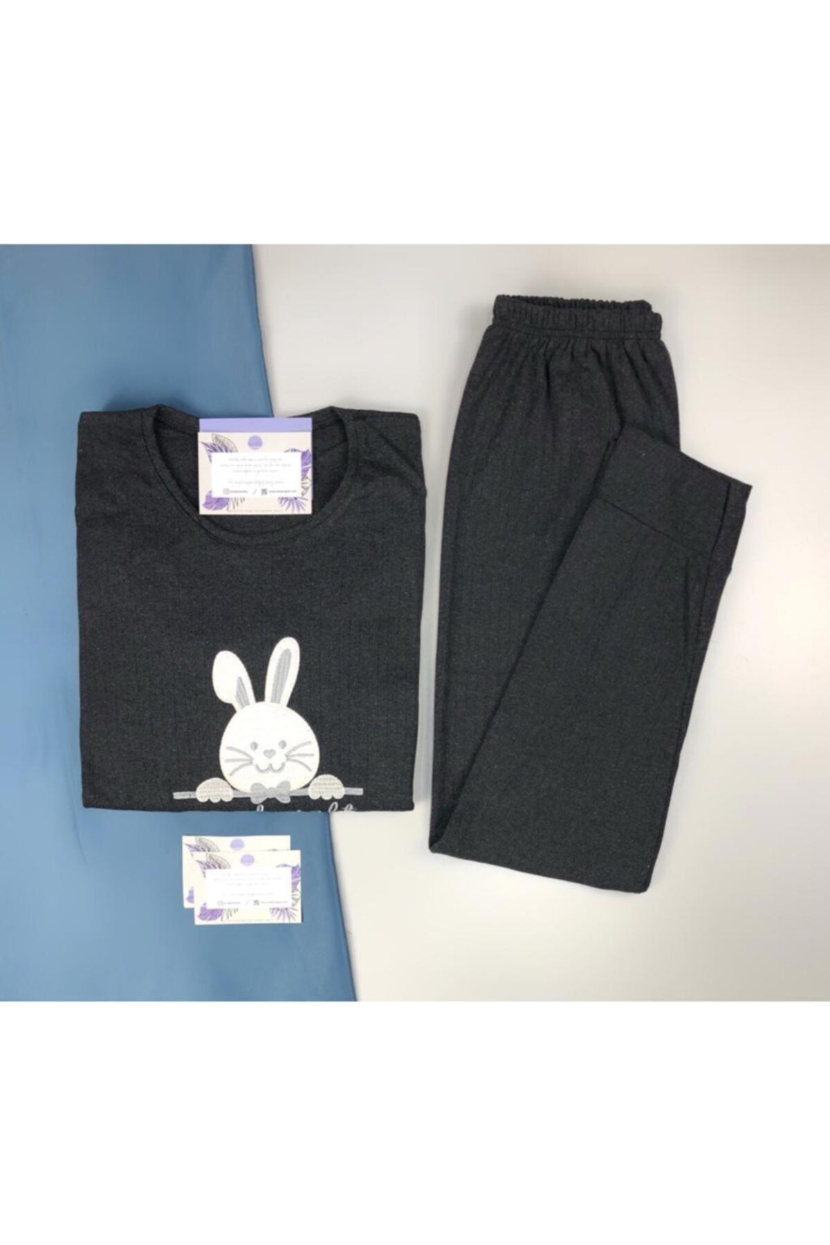 Meba Tavşan Desen Paça Manşeli Uzun Kol Siyah Pijama Takım
