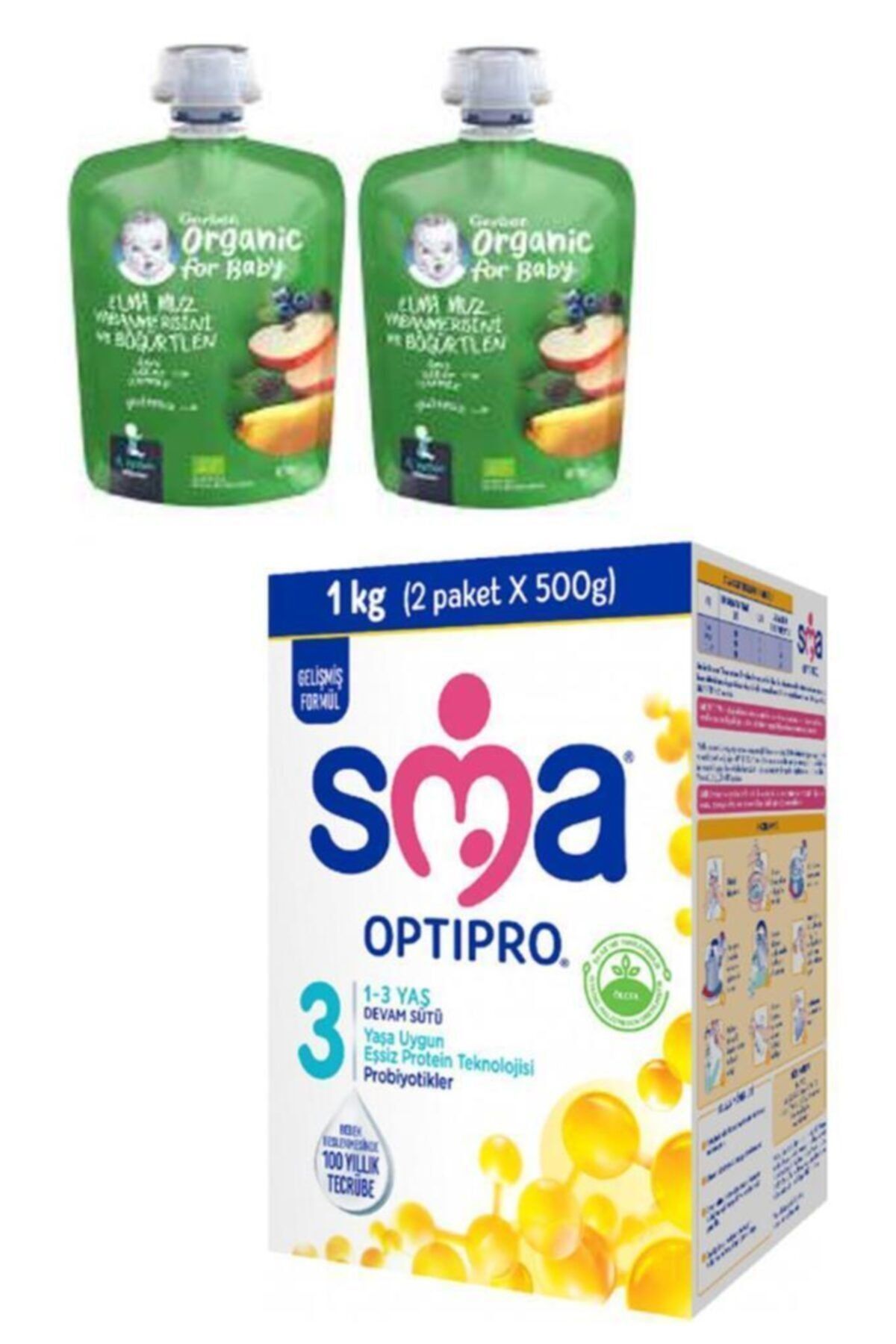 SMA Optipro Probiyotik 3 Devam Sütü 1000 Gr + 2' Li Gerber Organik Elma Muz Yabanmersin Böğürtlen Pü