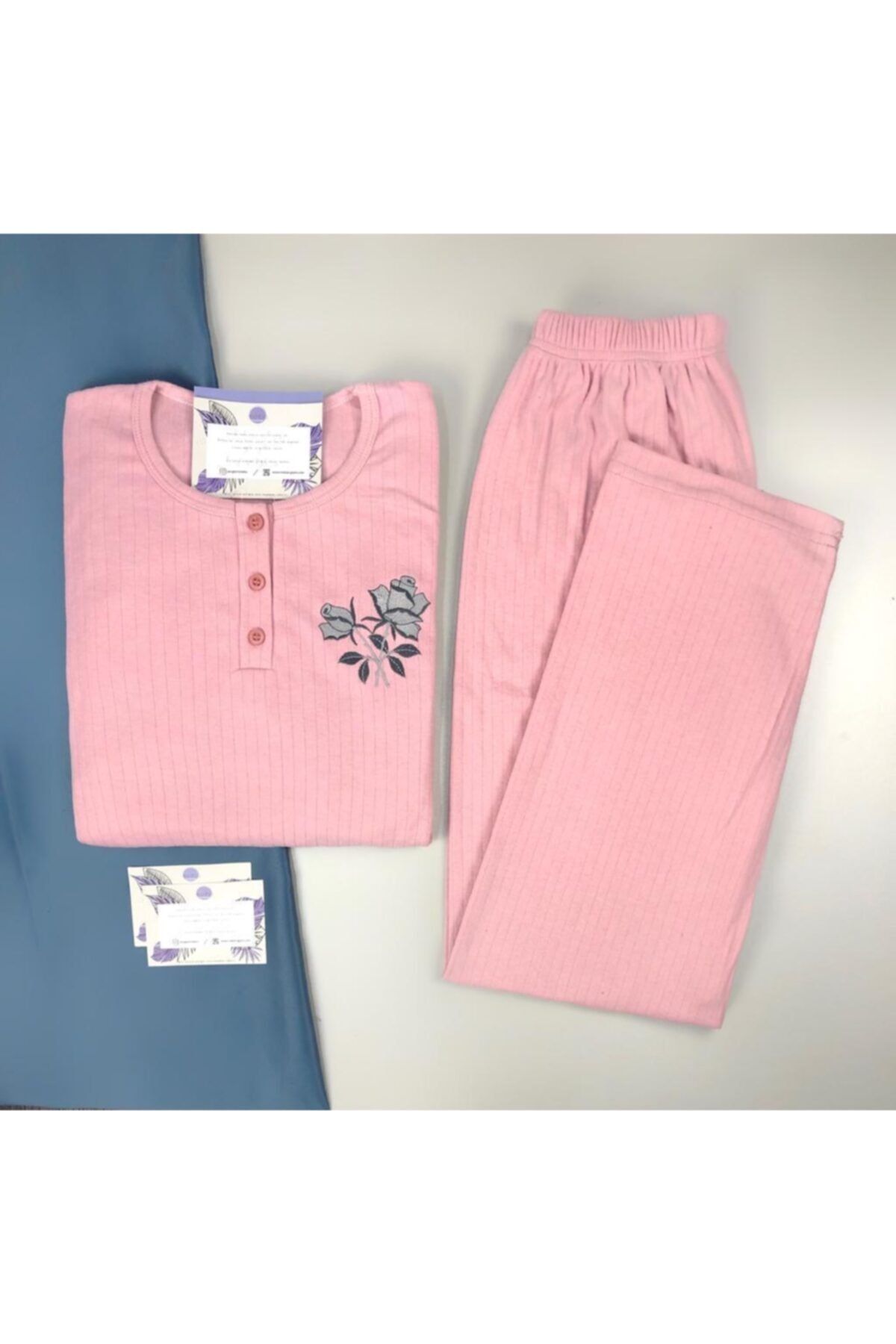 Meba Anne Çiçek Desenli Kışlık Uzun Kollu Pudrapembe Pijama Takımı