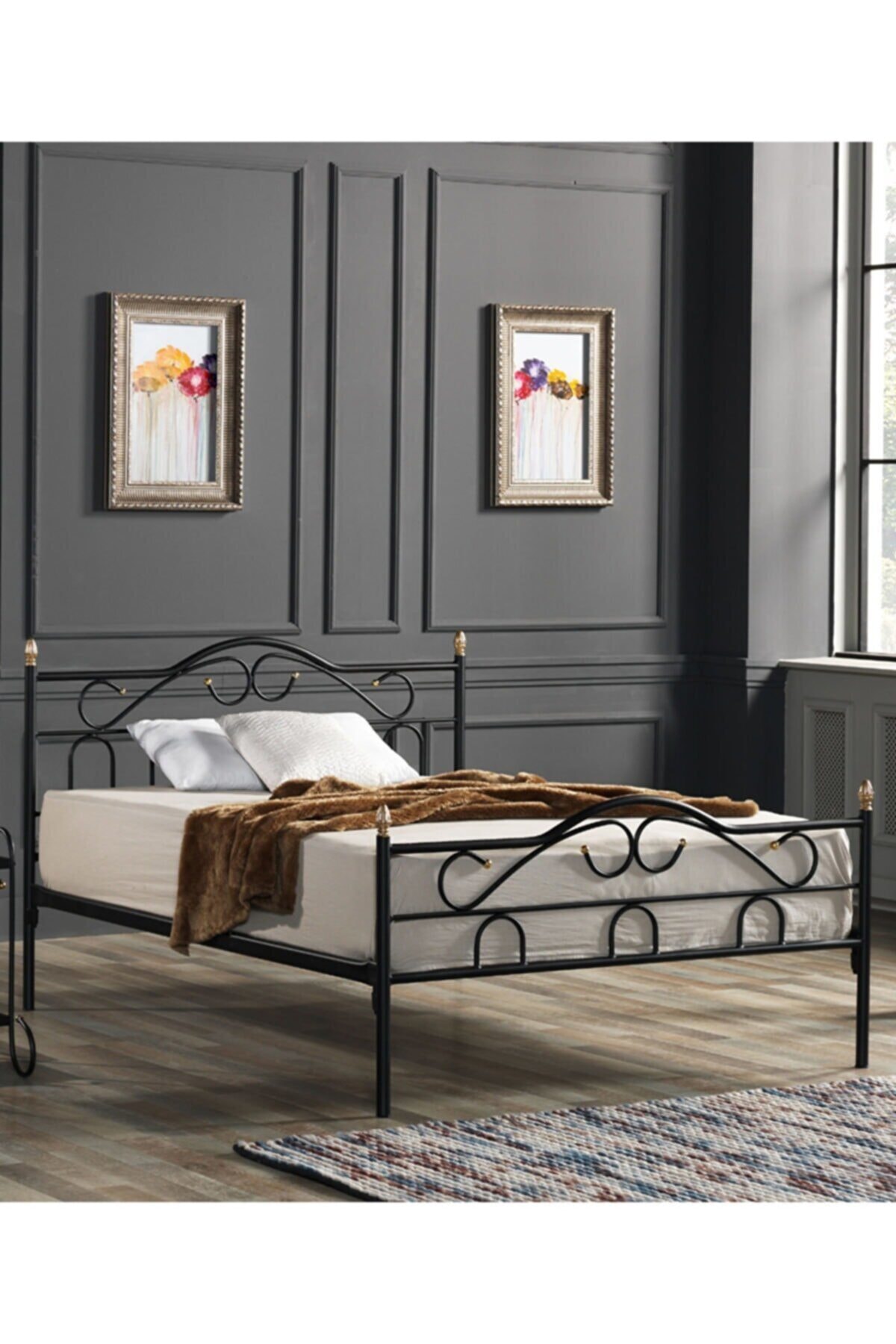 Vav Shopping Vav Troya Çift Kişilik Başlıklı Metal Karyola Siyah