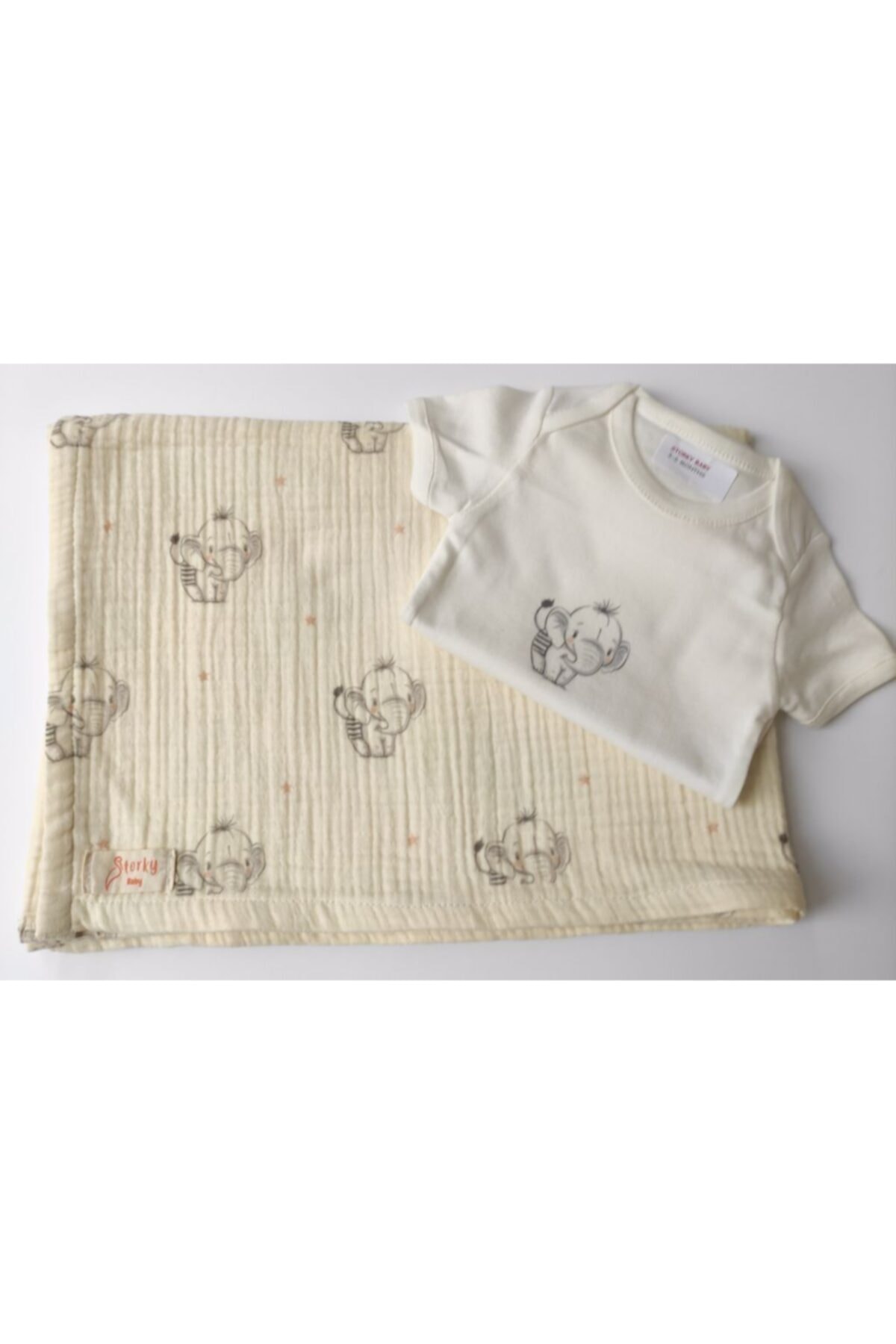 StorkyBaby Bebek Battaniyesi Müslin Organik + 3-6 Ay Çıtçıtlı Body Ekru- Fil