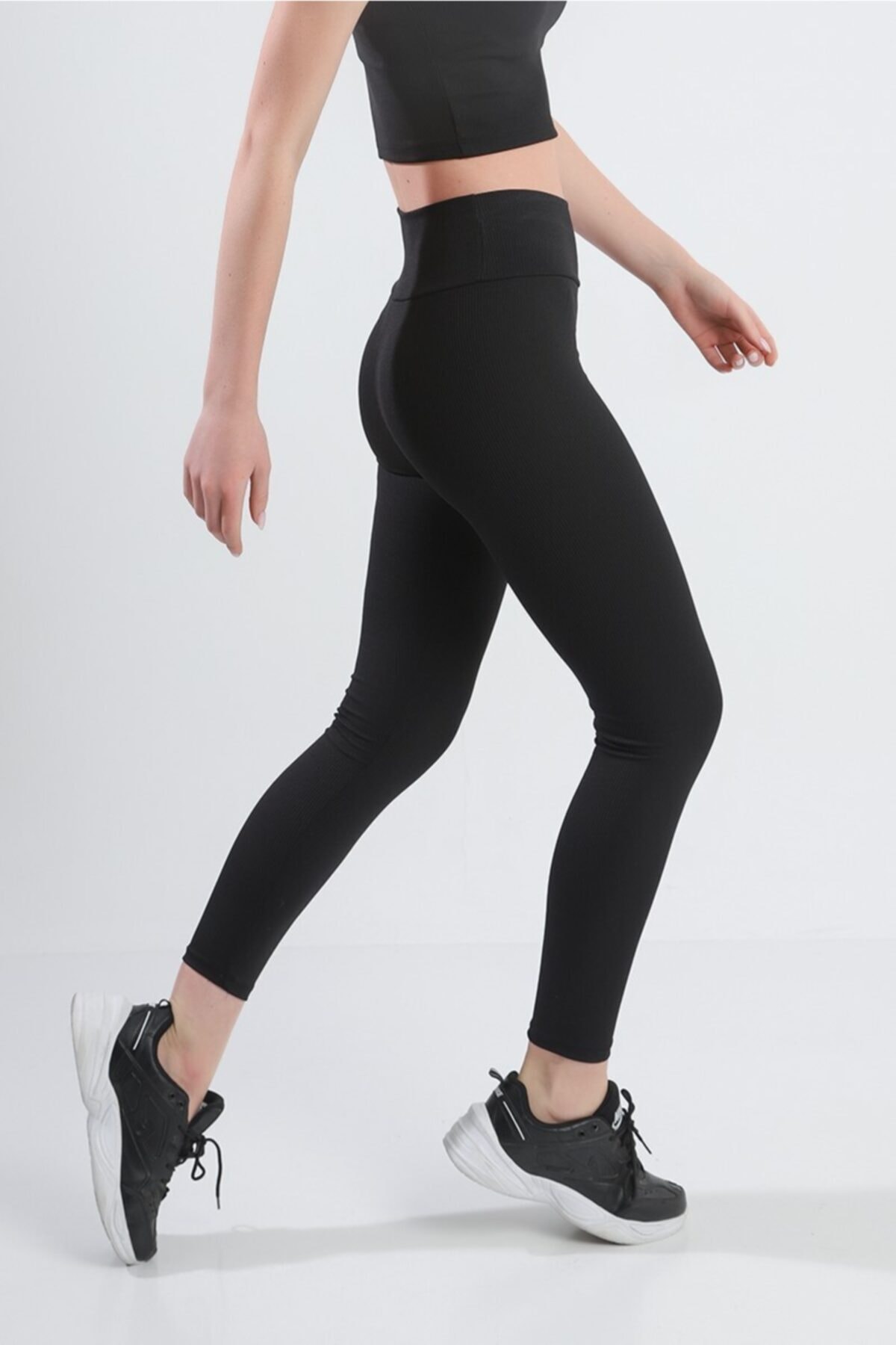 Prenses Tayt Siyah Yüksek Bel Fitilli Spor Tayt