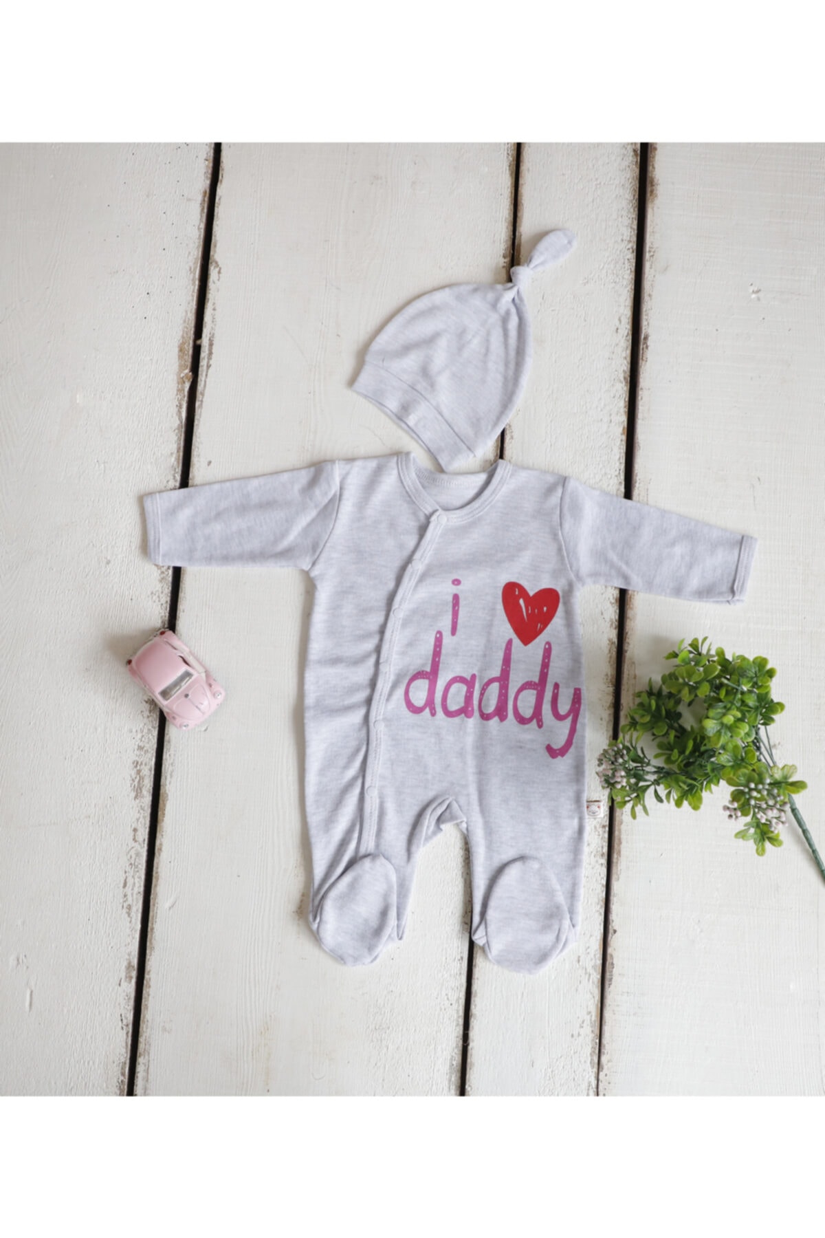 ZİPHİDA %100 Pamuklu Pembe Yazılı I Love Daddy Yeni Doğan Bebek Tulum