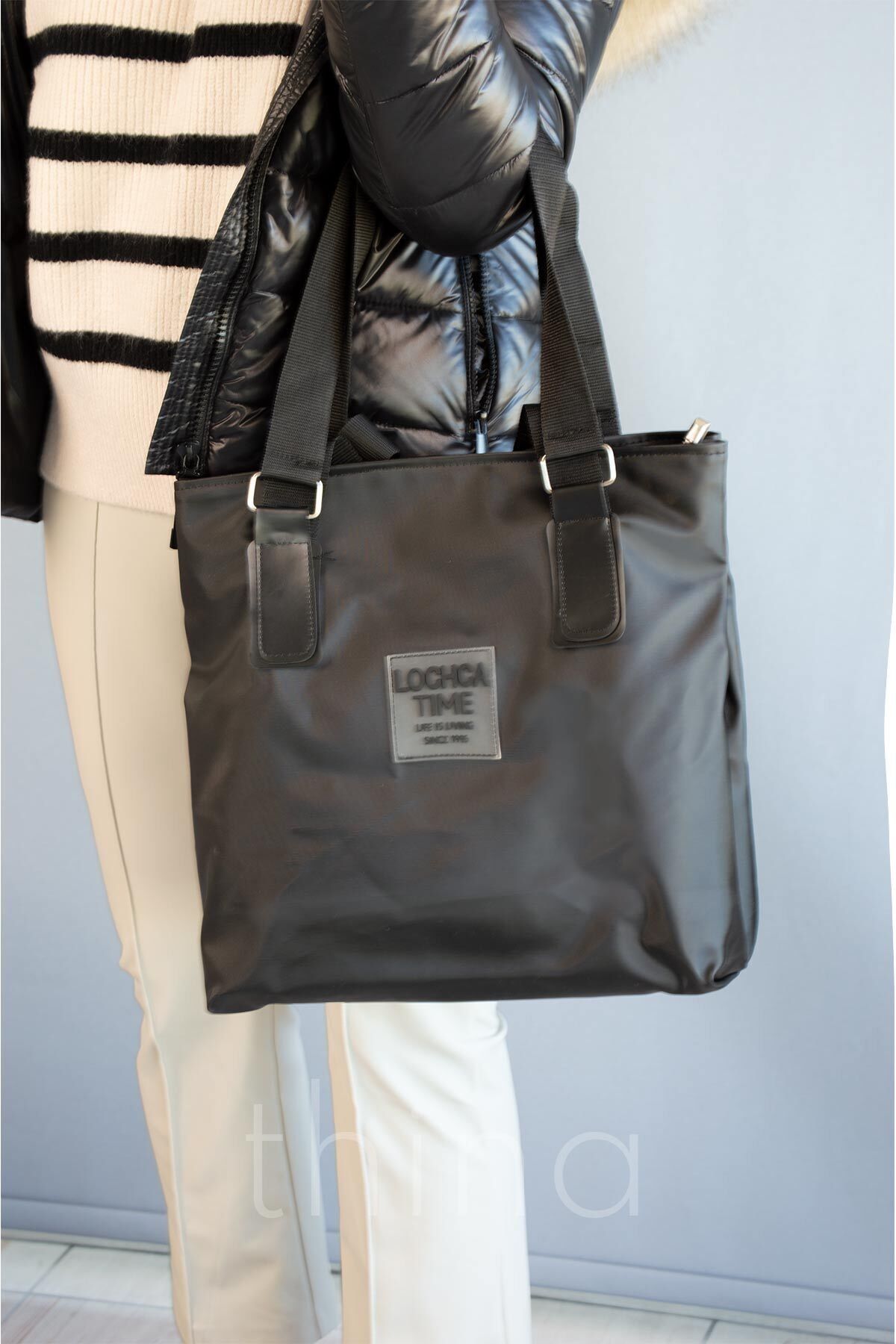 Thina Bags Siyah Change Time Model Pat Detayli Shopper Çanta 60x50cm Büyük Boy