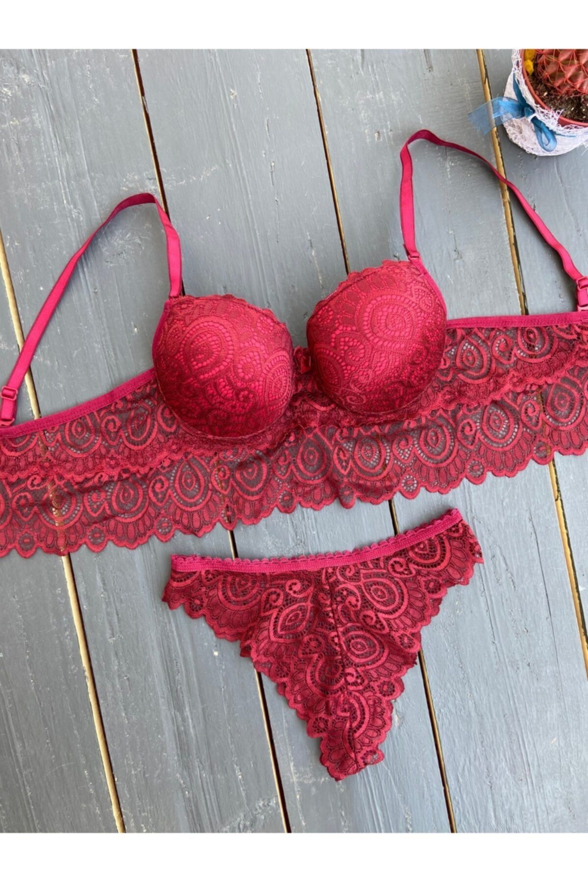Carla Secret Bordo Elegant Soft Lace Dolgulu Sütyen Takım