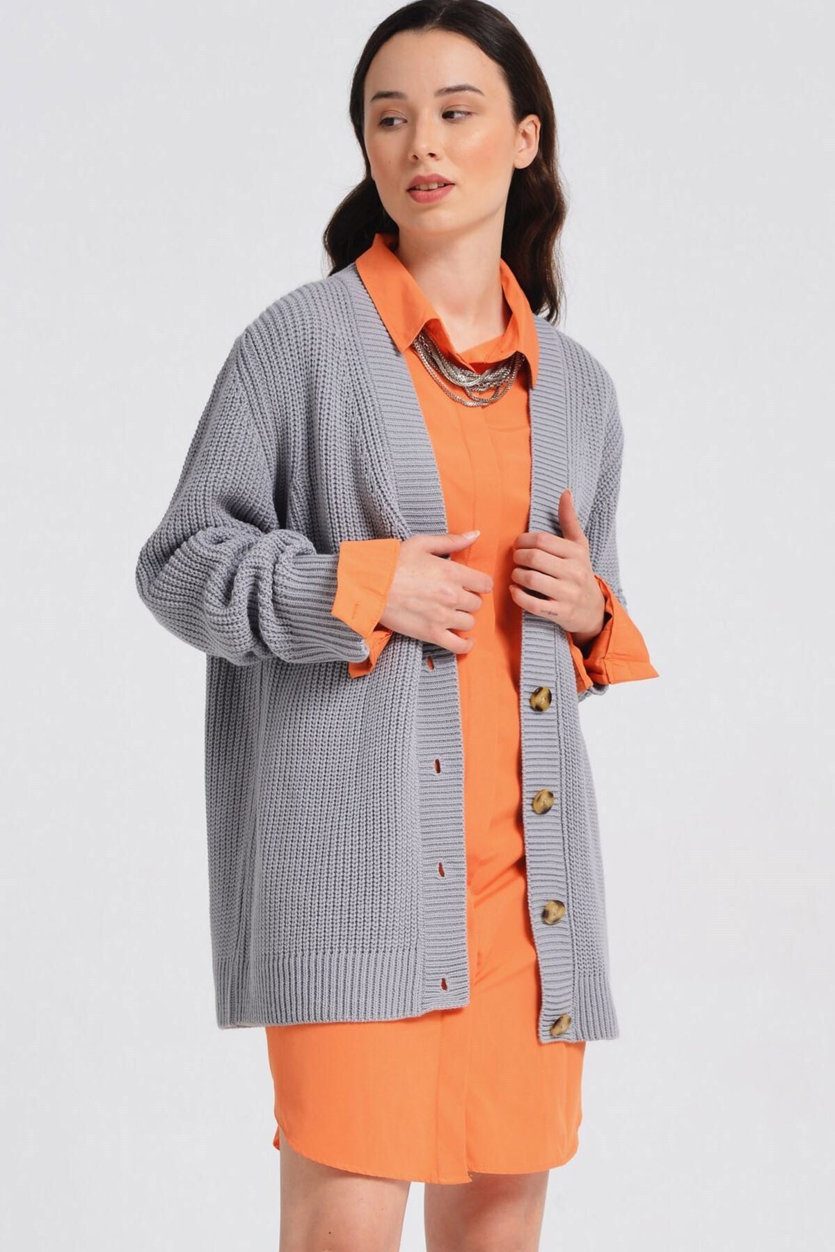Nefise Selanik Örgü Oversize Hırka - Gri 5099