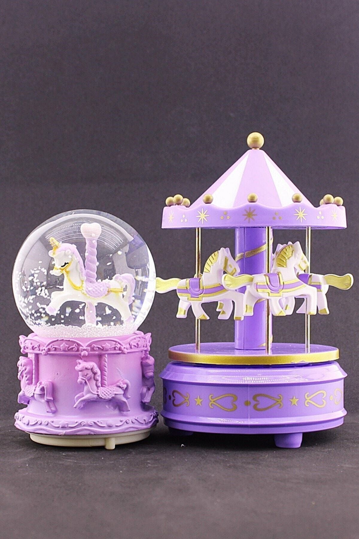 KıraK Kabartmalı Desen Mor Unicorn Kar Küresi Işıklı Müzikli 12 Cm Ve Mor Atlıkarınca Set