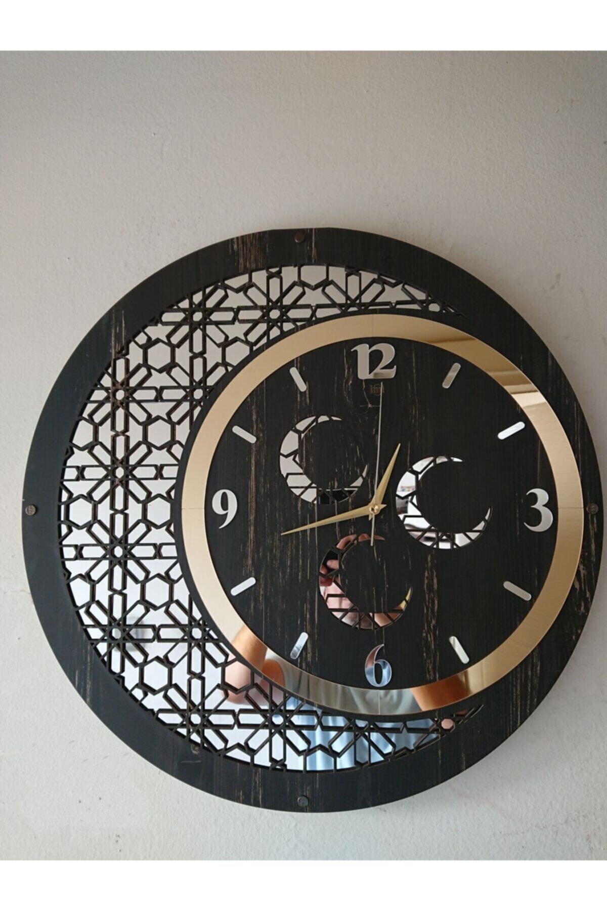 Pey Aksesuar Duvar Saati 50 Cm Ahşap Ve Ayna Üç Hilal Motifli