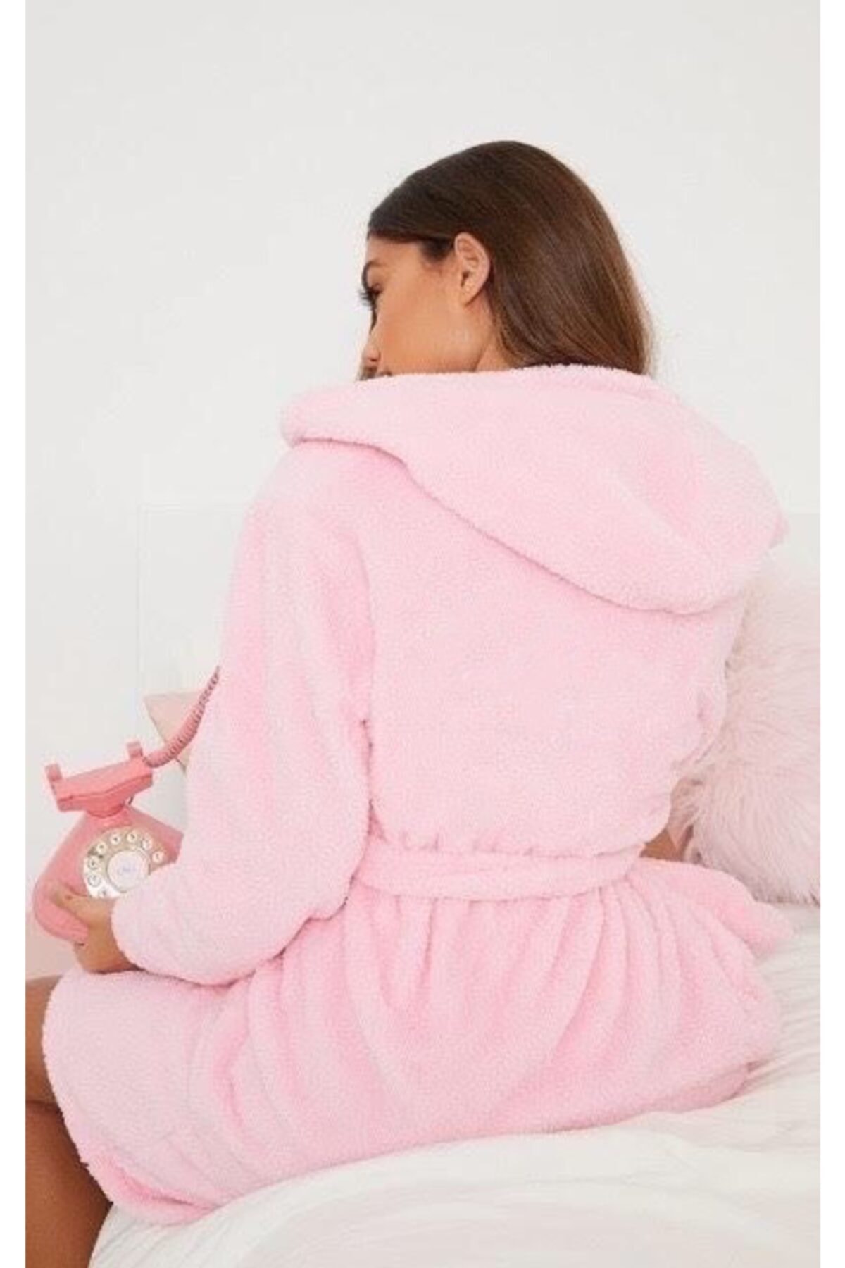 santuzza Pembe Welsoft Polarlı Kadın Kapişonlu Sabahlık