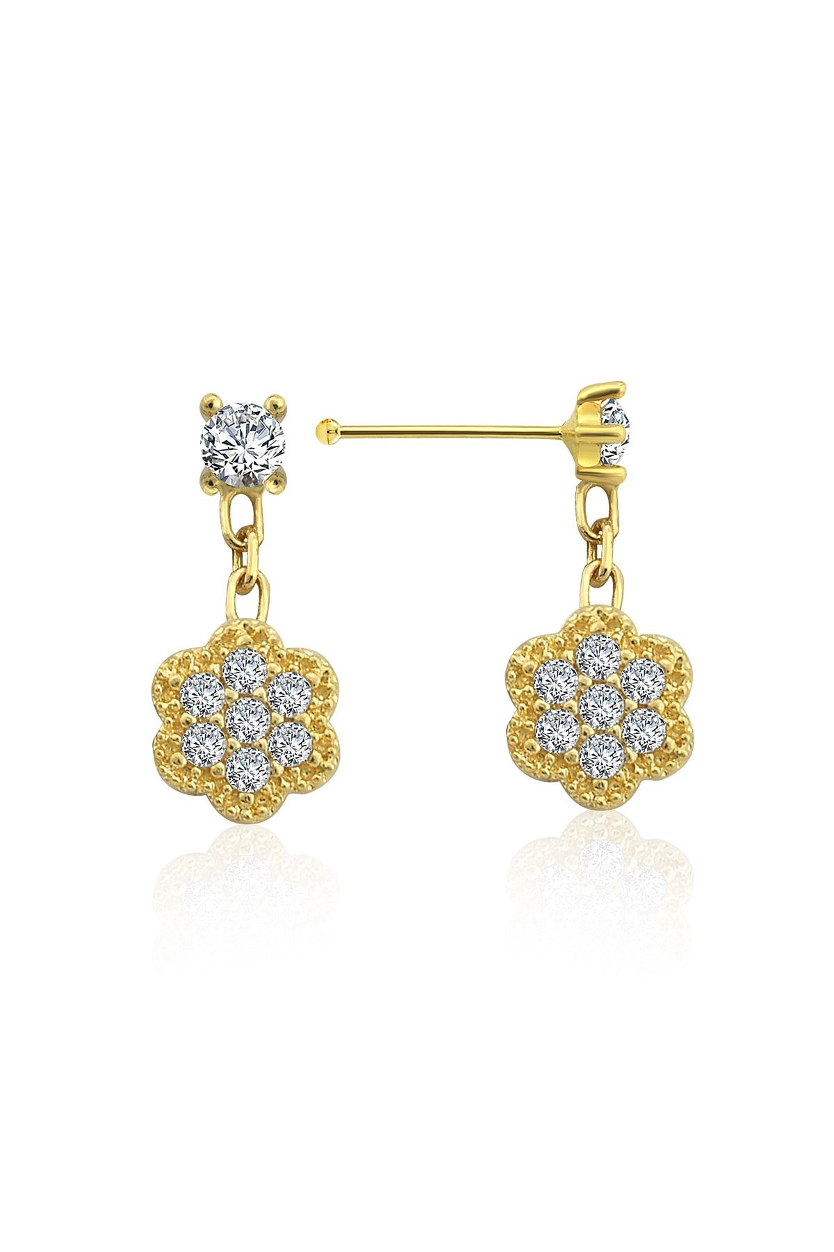 Tual Diamond Kadın Sarı 14 Ayar Zirkon Taşlı Sallantılı Çiçek Altın Hızma