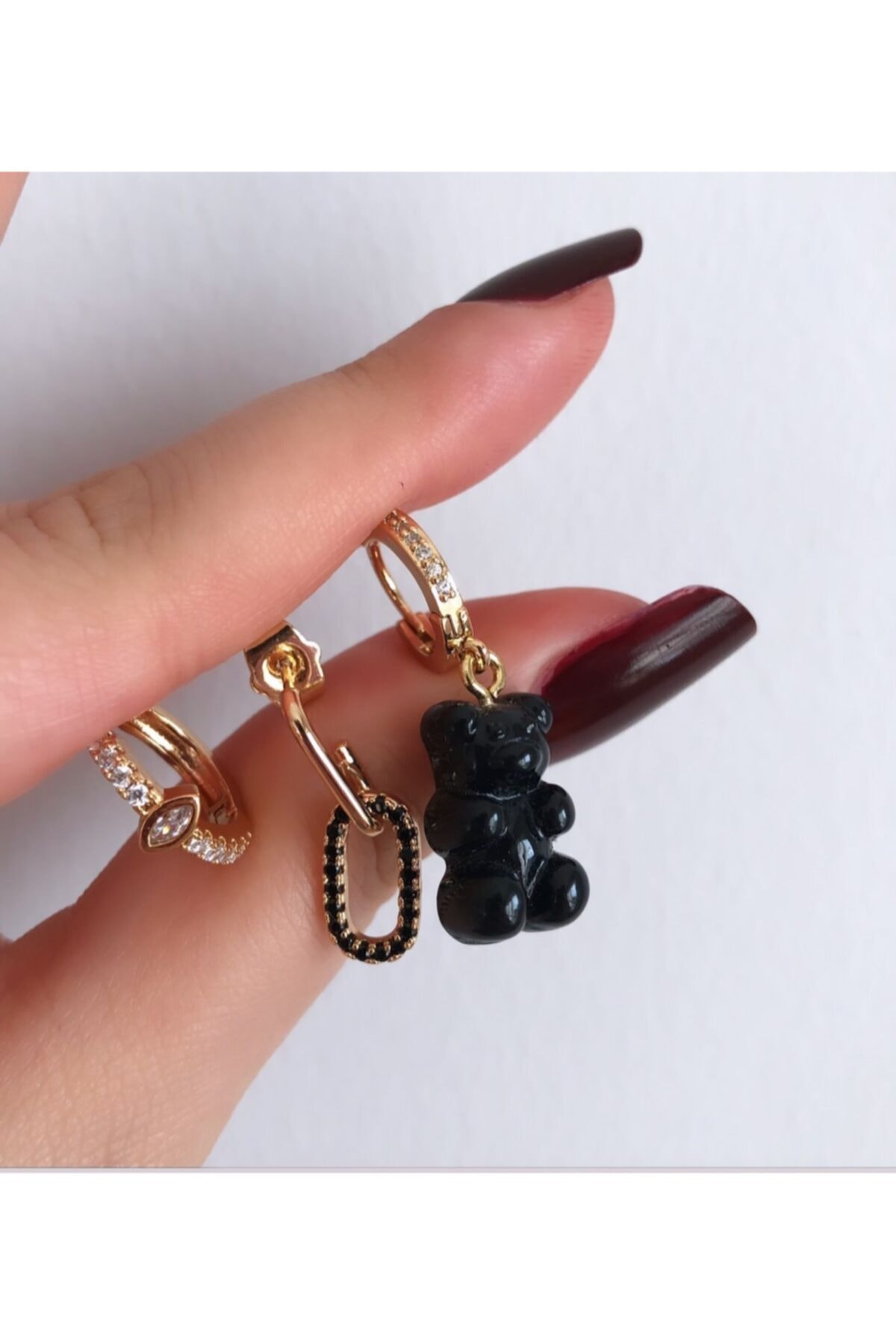 İdee Accessory Altın Kaplama 3'lü Siyah Teddy Set Küpe