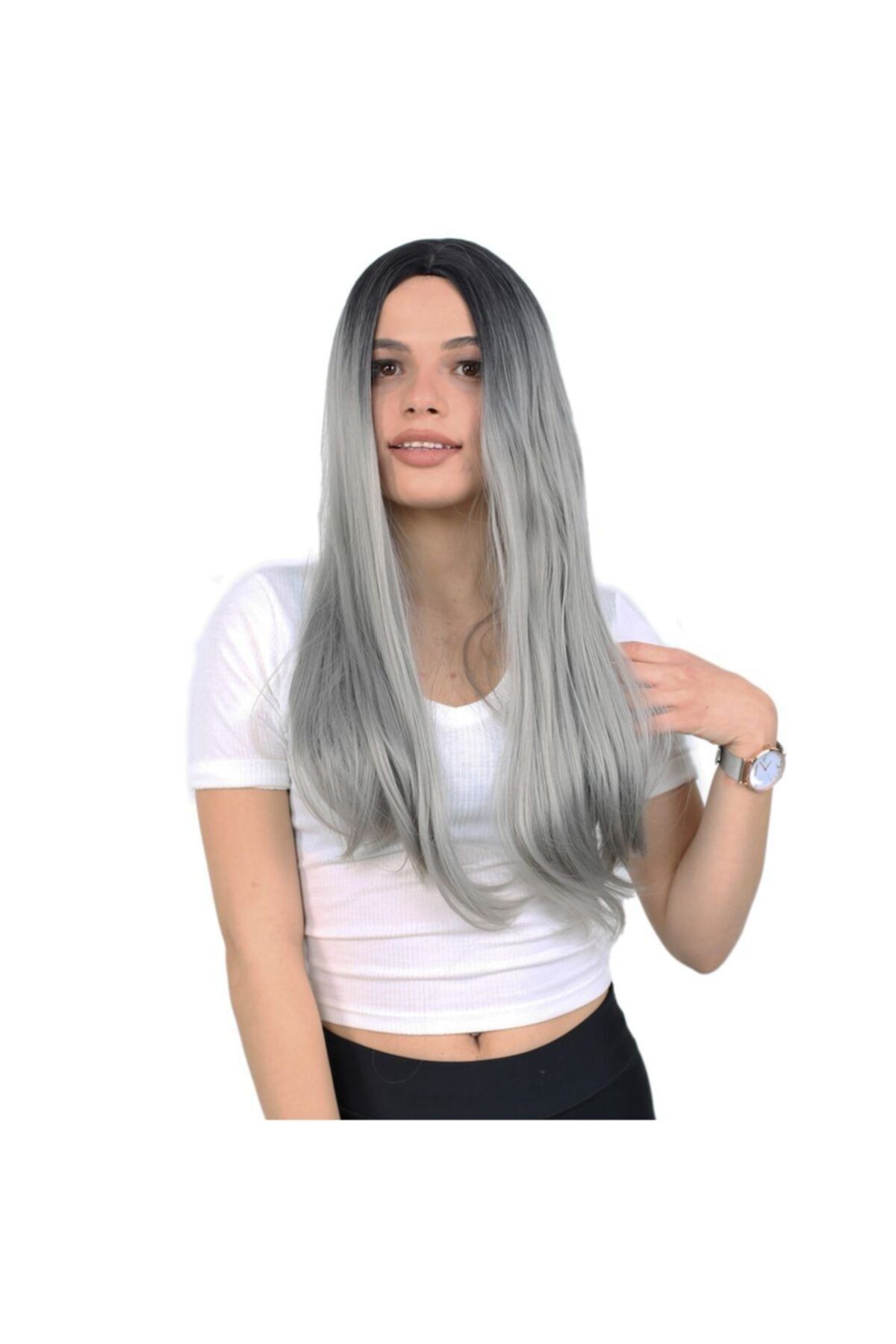Marpessa Fiber Sentetik Uzun Düz Peruk - Siyah / Gri Ombreli