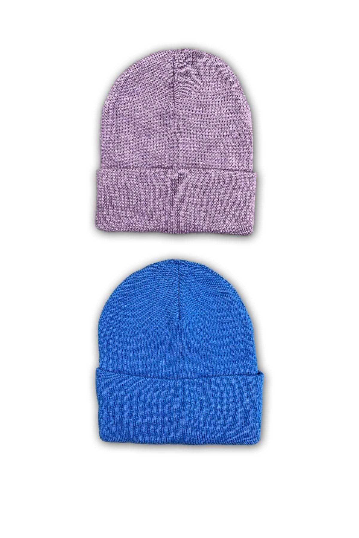 Royaleks 2 Adet Unisex Basic Düz Bere Lila Mavi