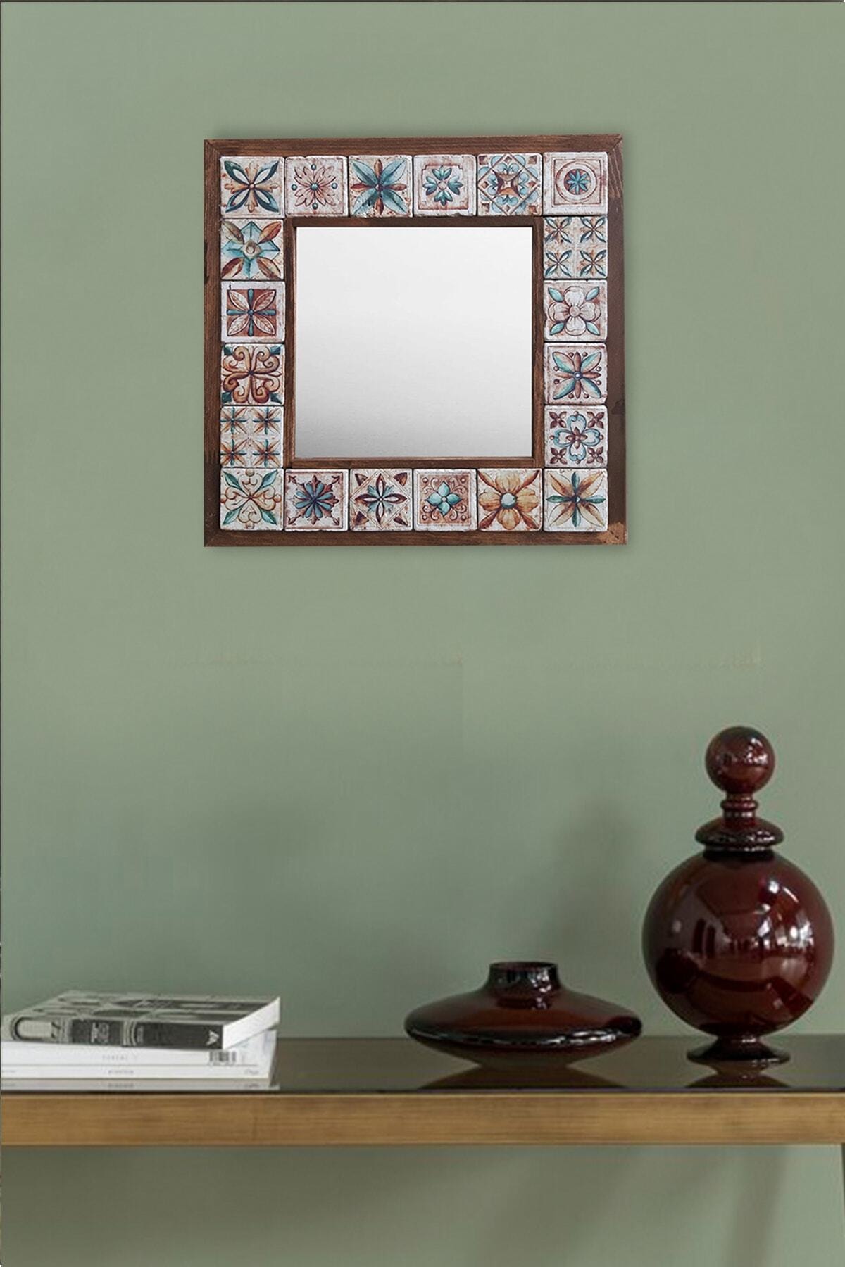 Pinecone Dekoratif Taş Ayna Ahşap Çerçeve Duvar Dekoru Kazablanka Vintage El Yapım Hediyelik 33cmx33cm Mirror