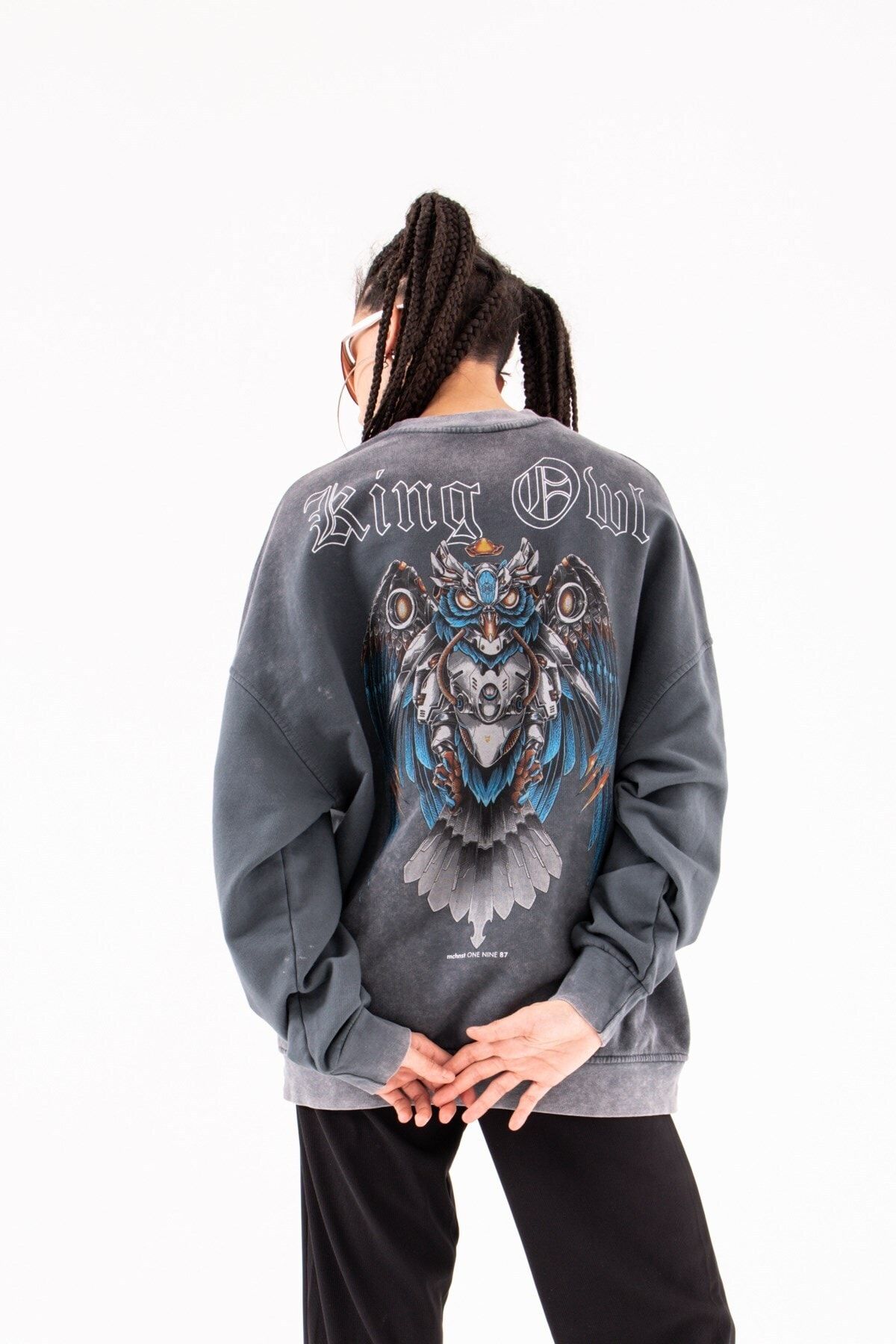 Machinist Oversize King Owl Yıkamalı Şardonsuz Siyah Kadın Sweatshirt
