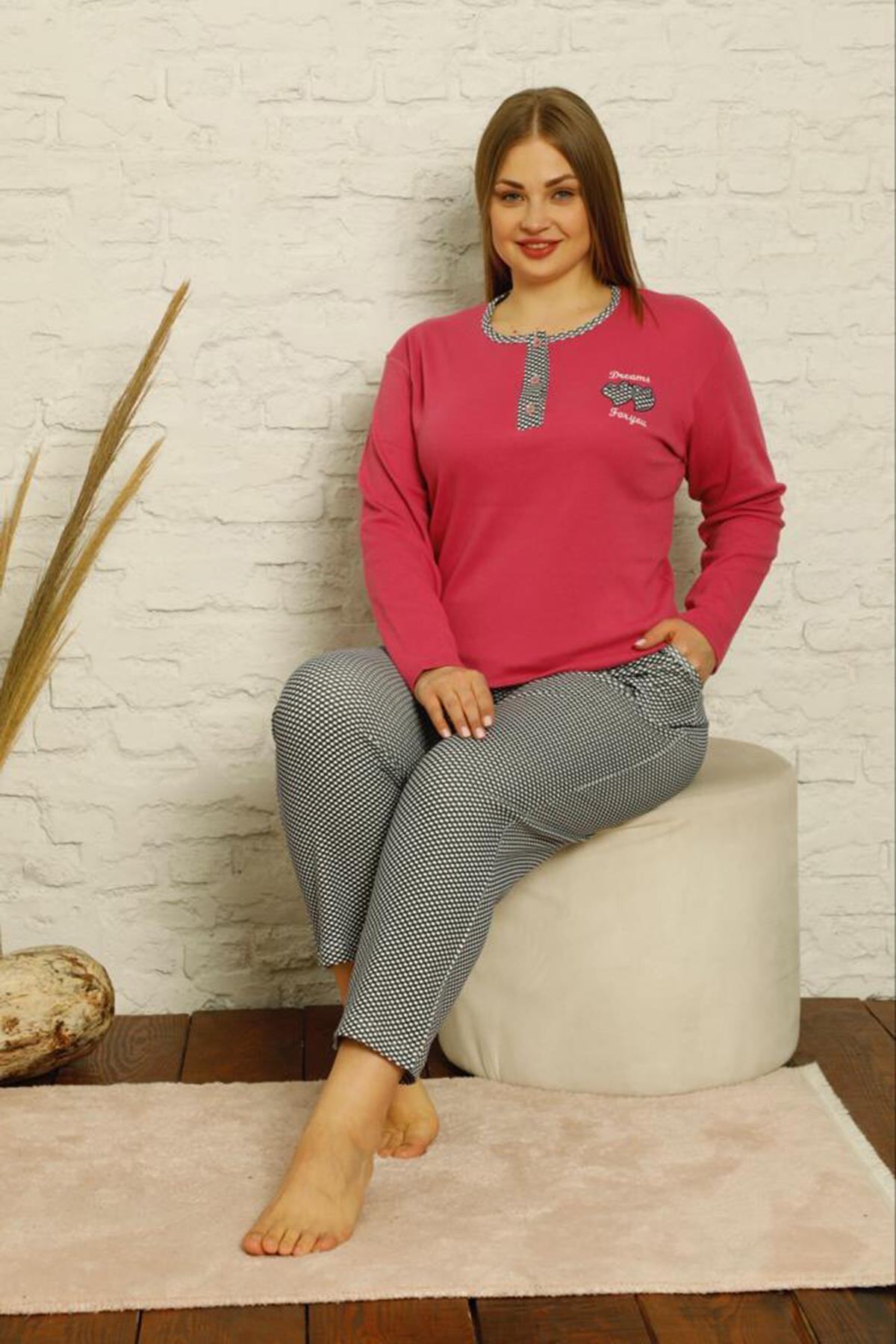 Akasya Kadın Battal Beden Uzun Kollu Ve Cepli Düğmeli Kışlık Pijama Takımı 1598