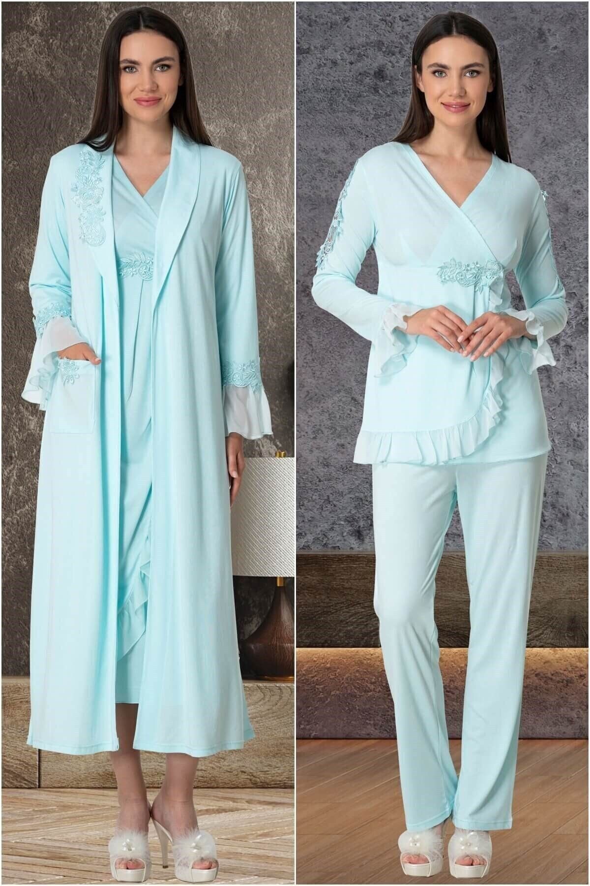 Lohussa Kadın Turkuaz Dantelli Pamuklu Lohusa Hamile Sabahlık, Pijama Takımı, Gecelik 4'lü Set