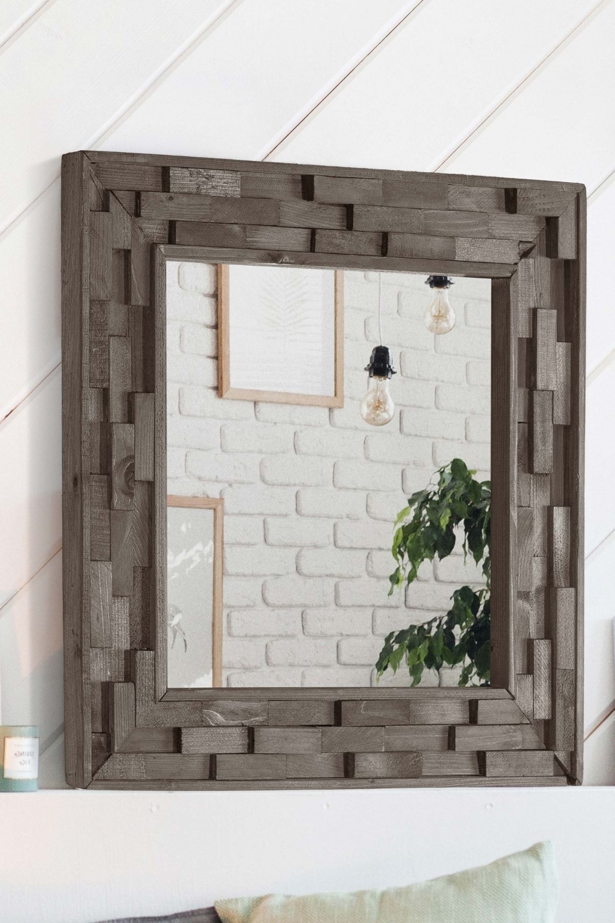 bluecape Doğal Ağaç Masif 58x58 Cm Jenga Gri Tahta Parçacıklı Salon Ofis Mutfak Duvar Konsol Boy Aynası